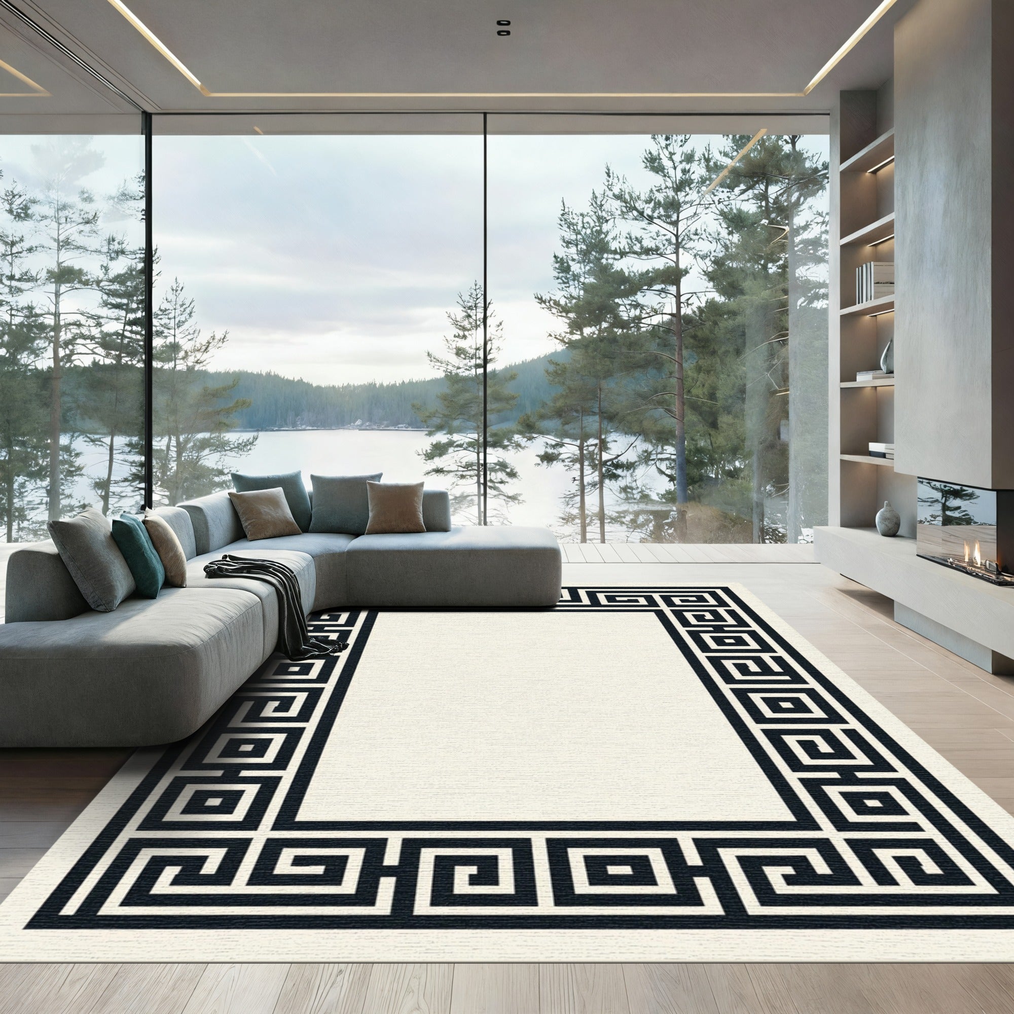 Monochrome Black and Cream Greek Key Rug