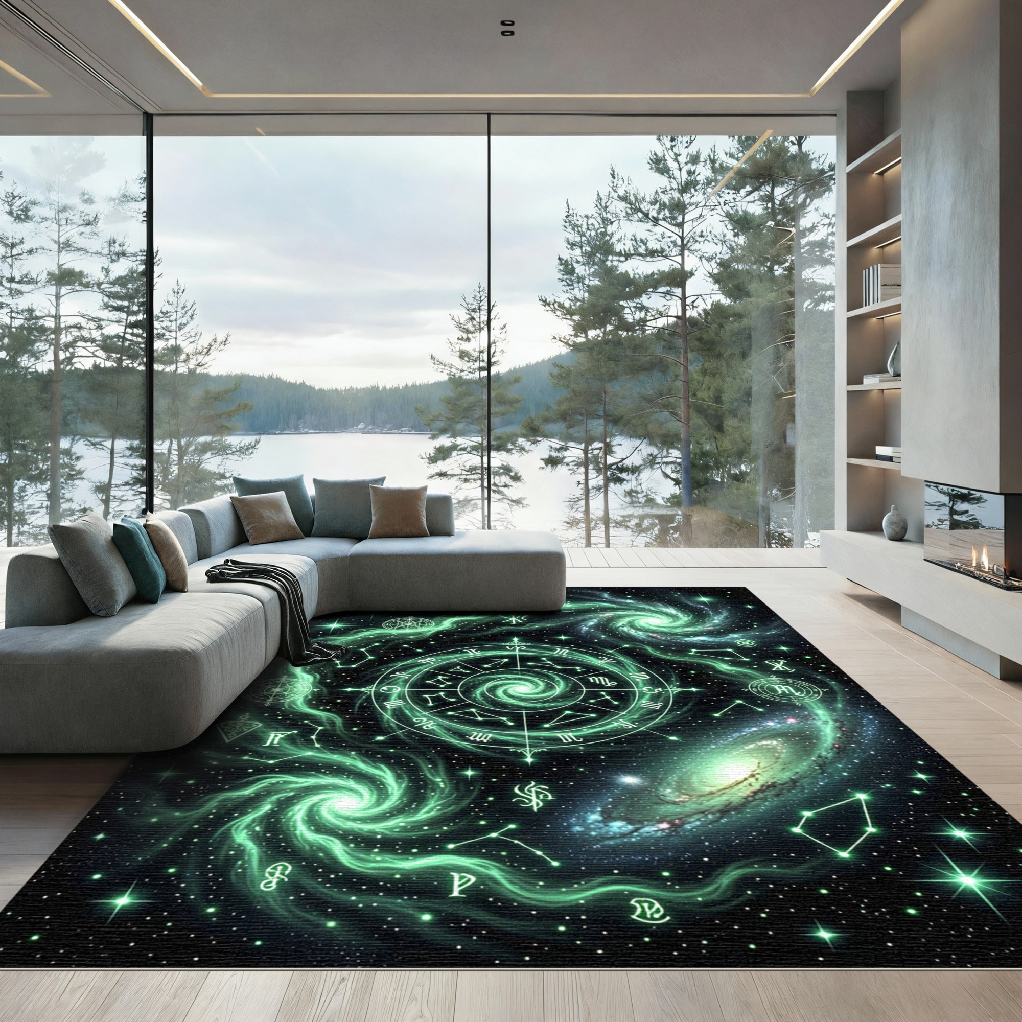Luminous Emerald Celestial Zodiac Galaxy Rug