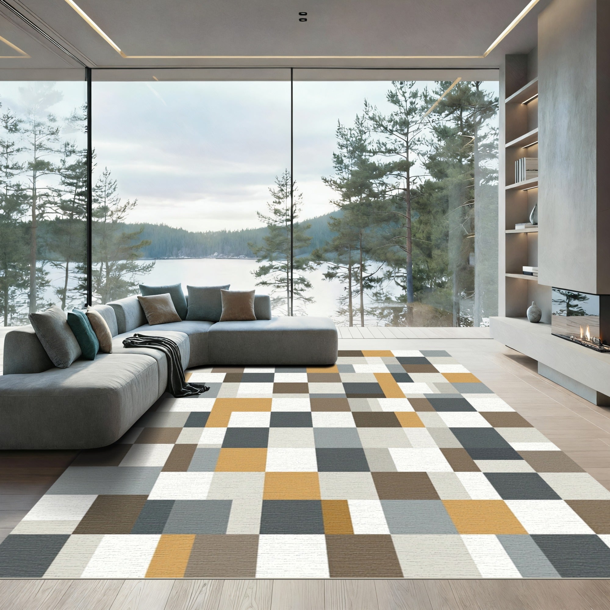 Geometric Ochre Gray White Squares Rug