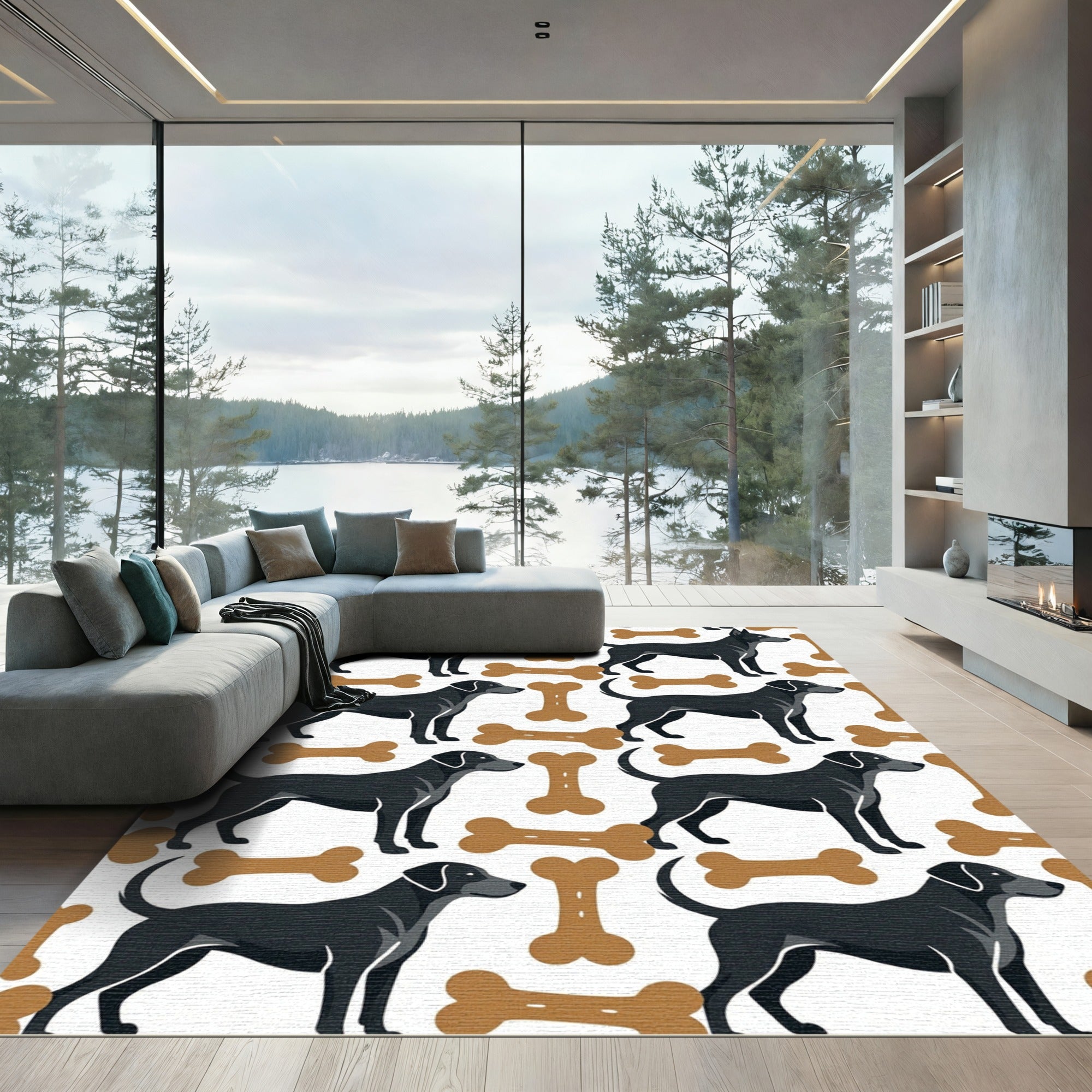 Playful Black Dog and Bone Icon Rug