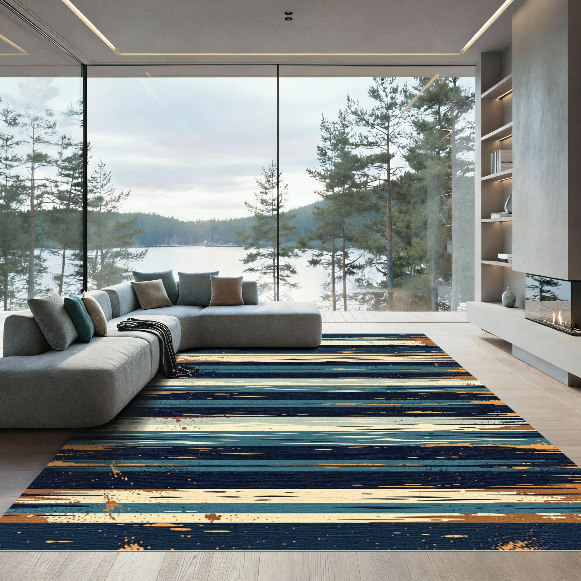 Abstract Navy and Golden Striped Horizon Rug