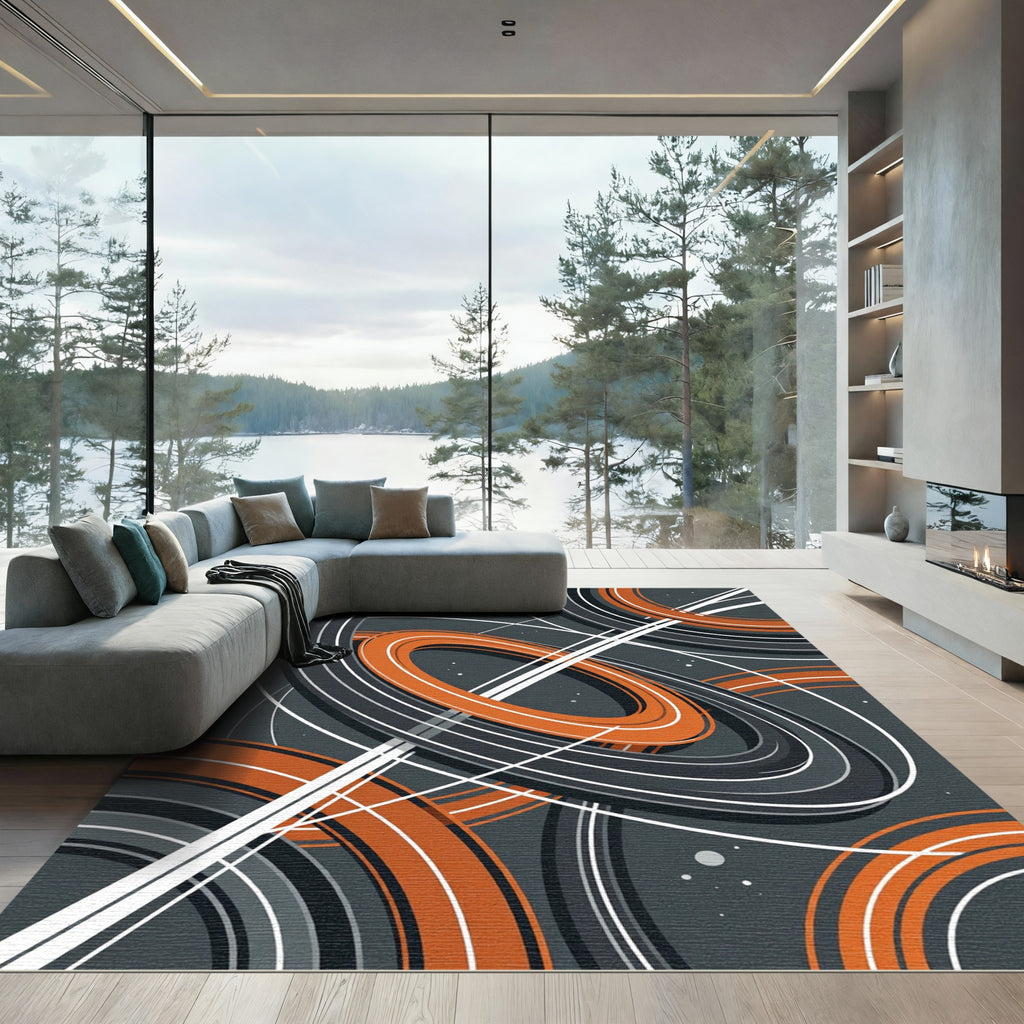 Modern Cosmic Orange and Gray Orbit Rug