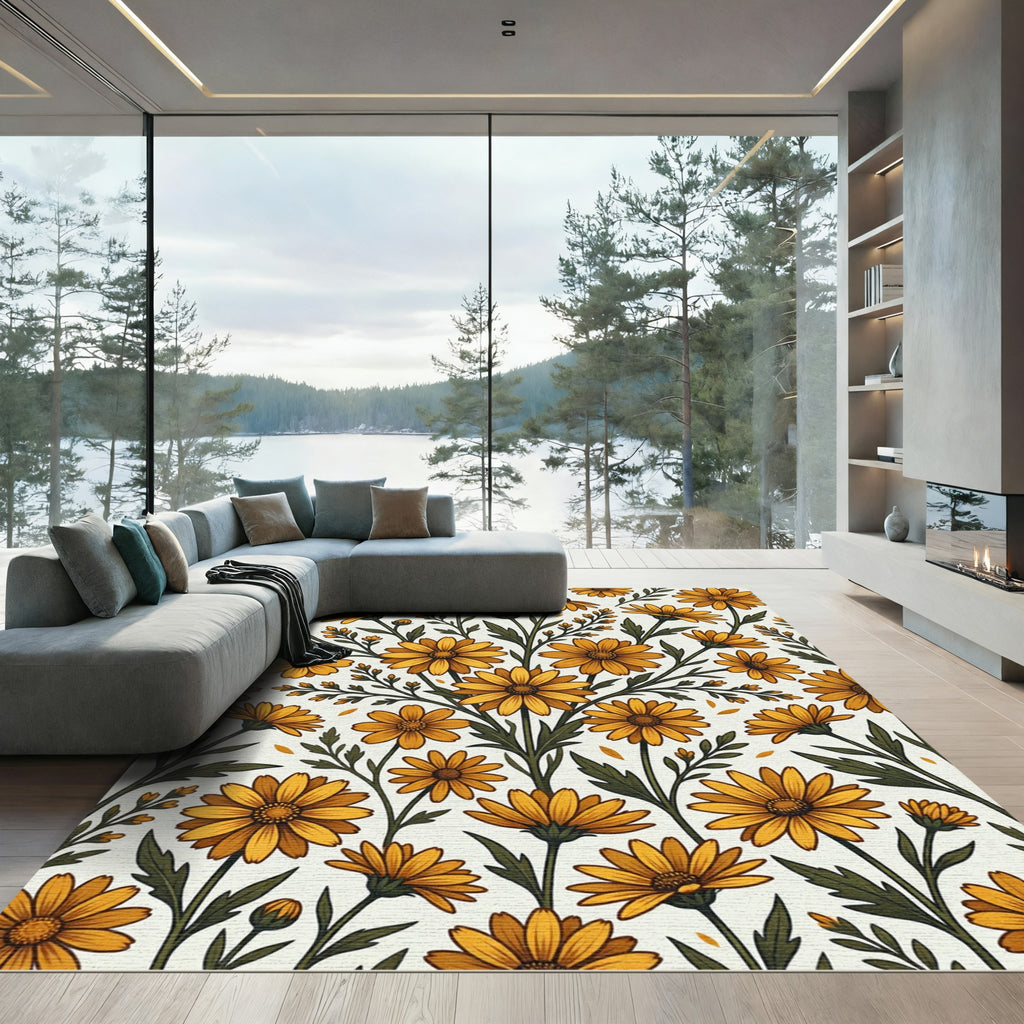 Golden Daisy Floral Botanical Arrangement Rug