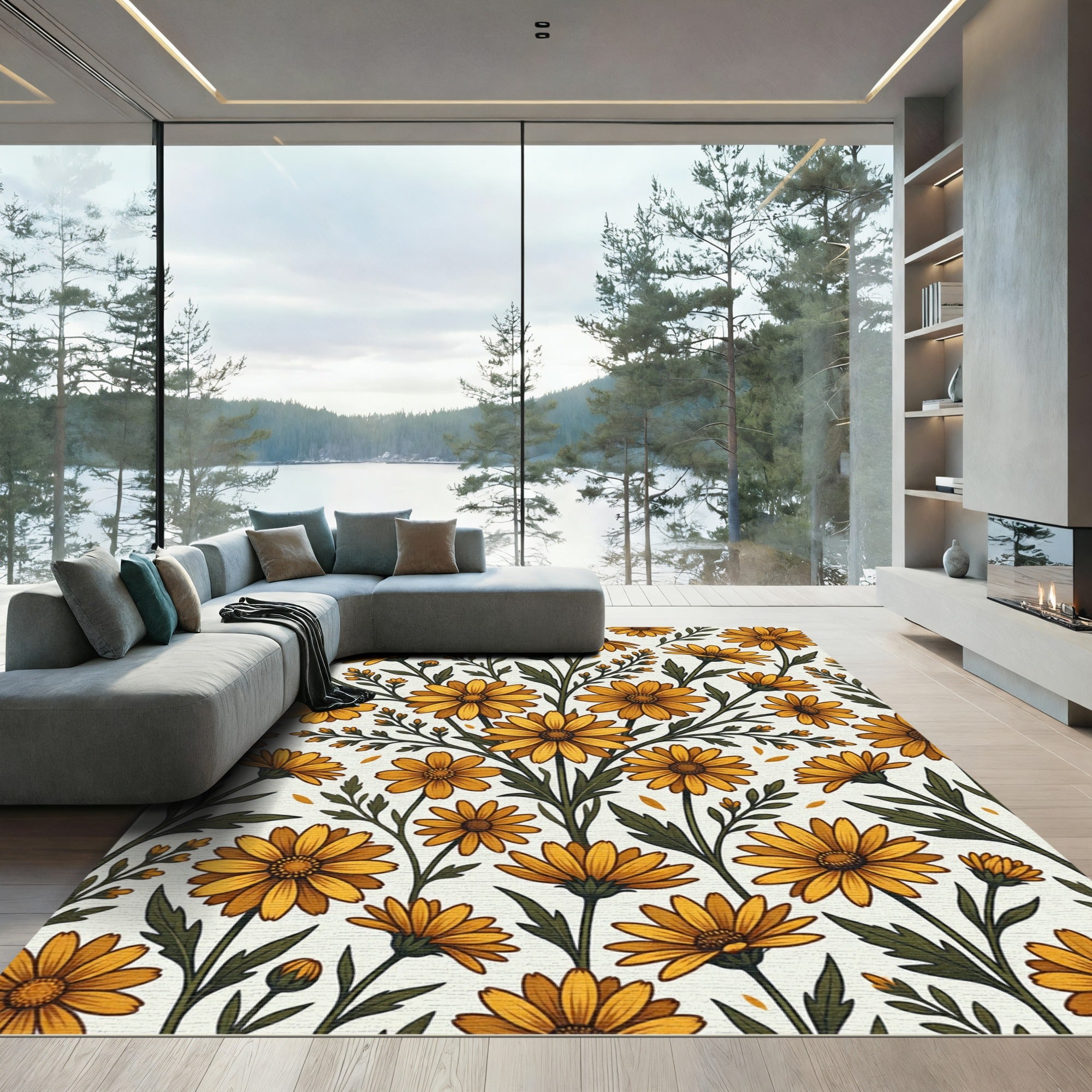 Golden Daisy Floral Botanical Arrangement Rug