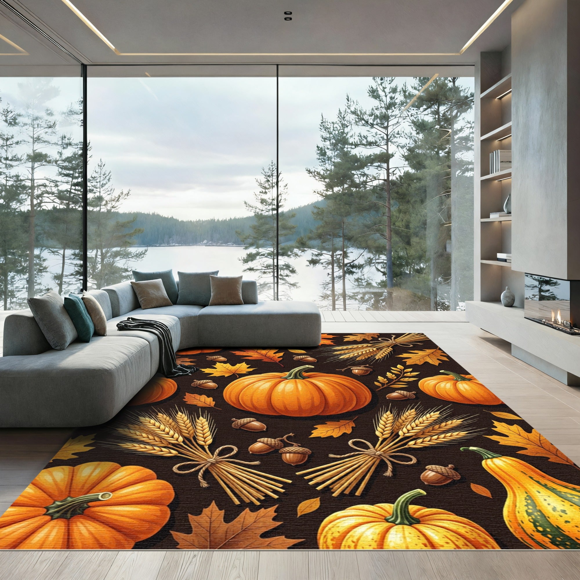 Harvest Pumpkin Wheat and Autumn Leaf Rug