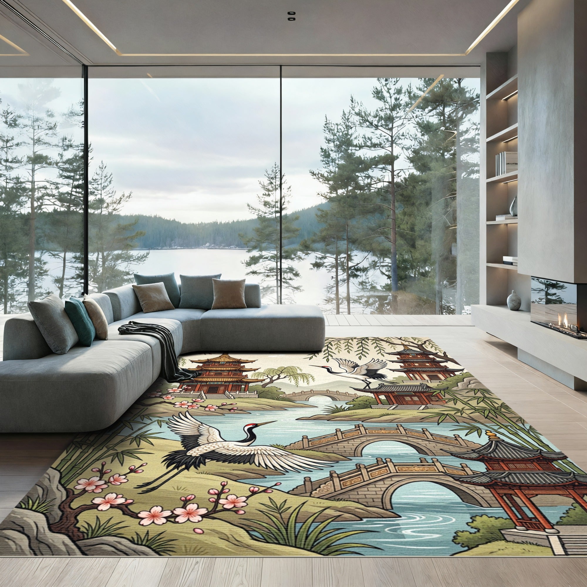 Vintage Serene Pagoda Crane Garden Scene Rug