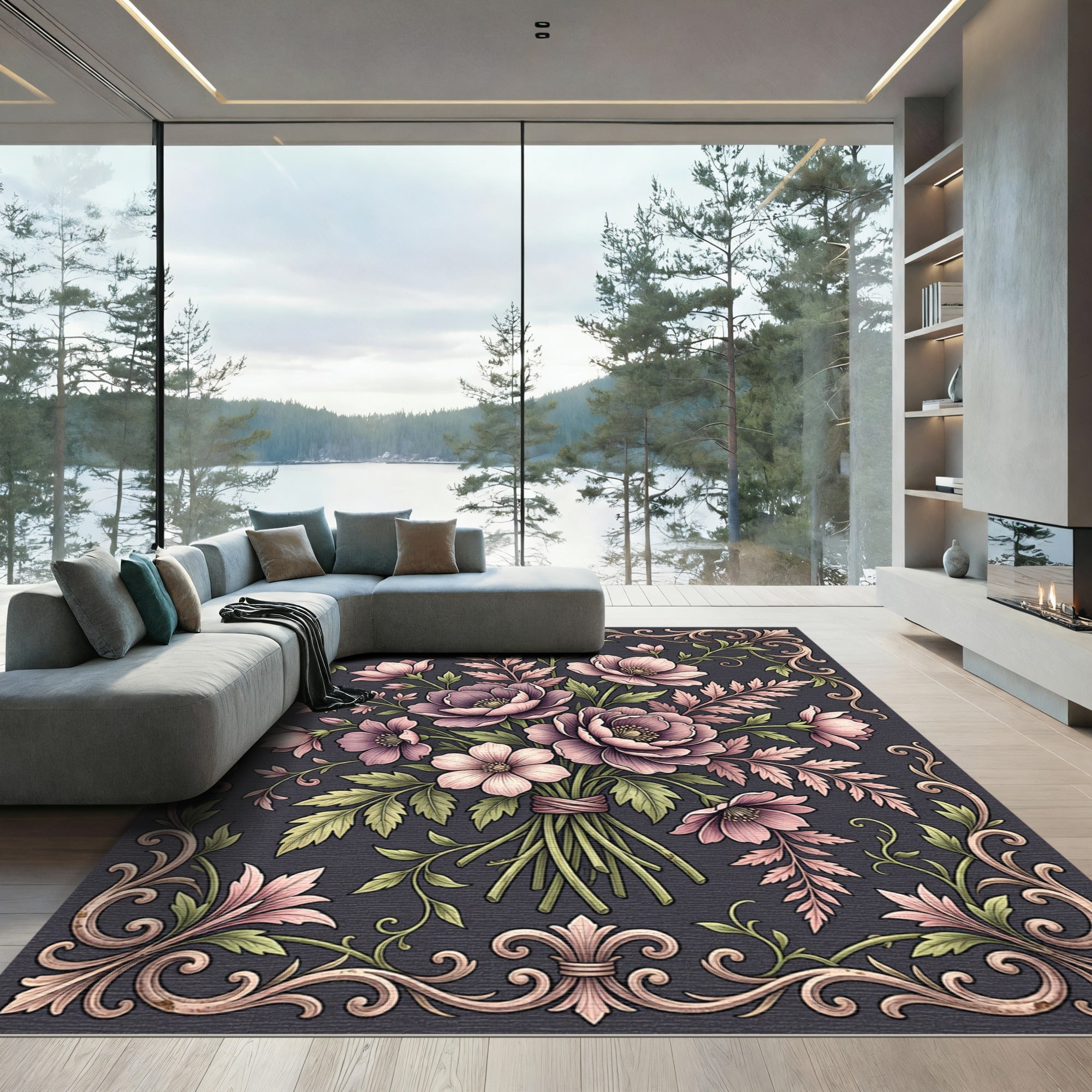 Elegant Floral Bouquet With Ornate Scrollwork Rug