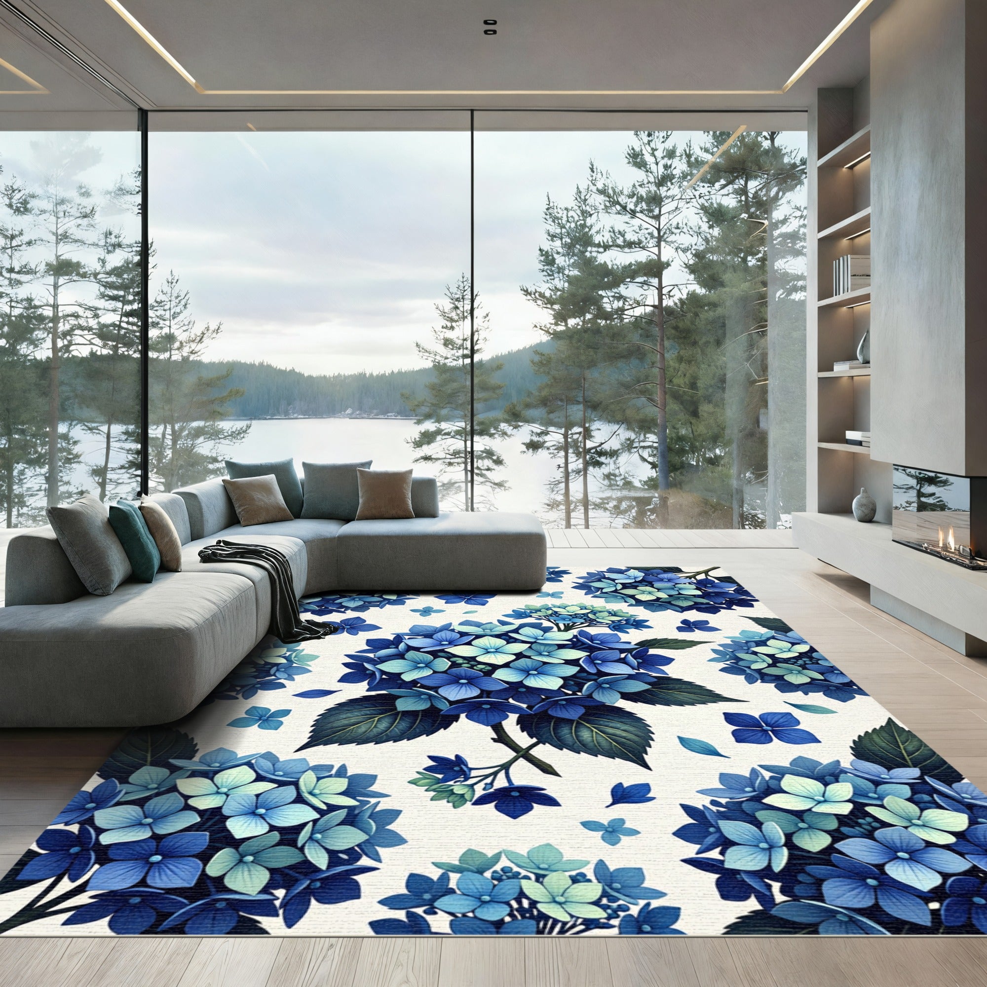 Deep Blue Hydrangea Floral Bloom Rug