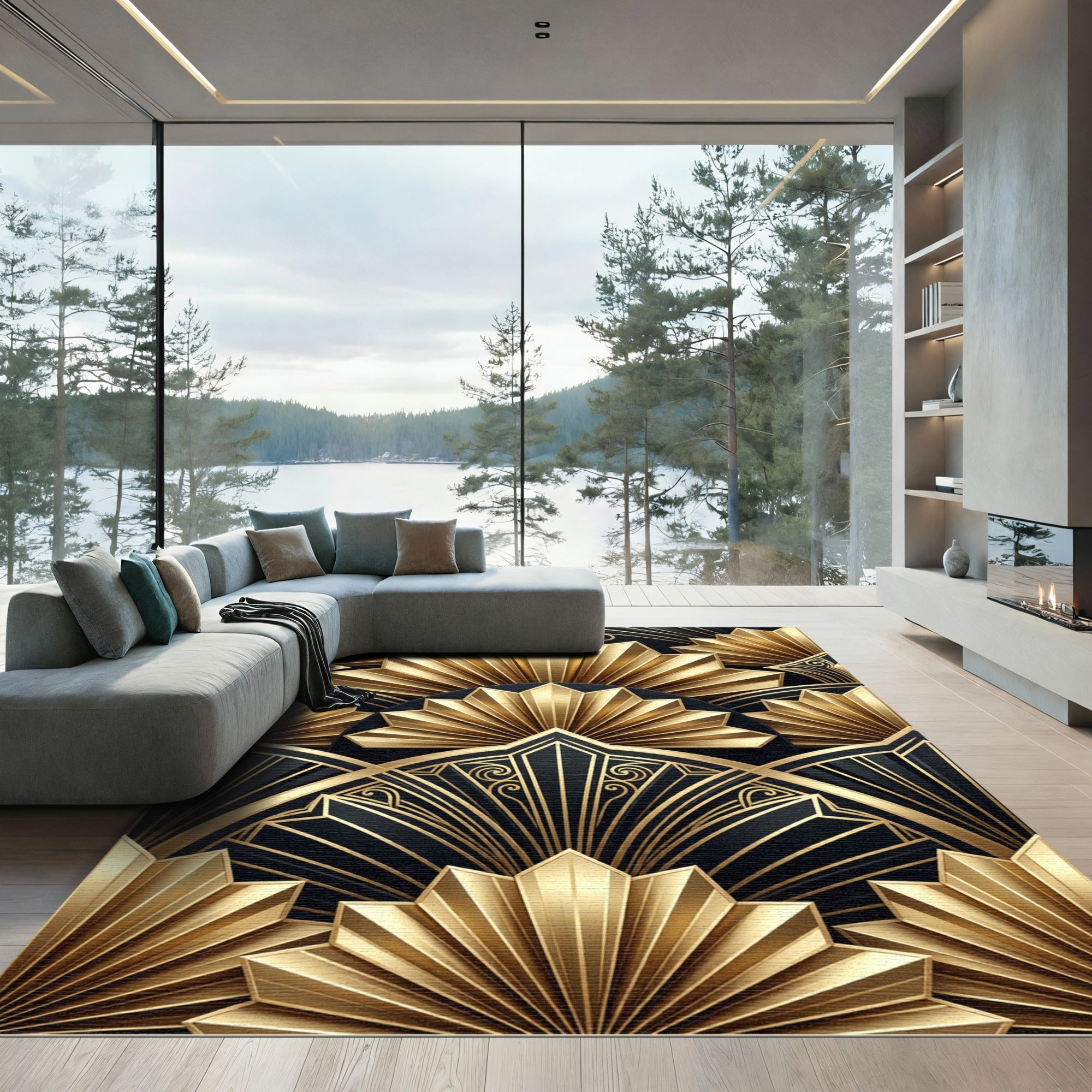 Art Deco Gold Fan Geometric Black Rug