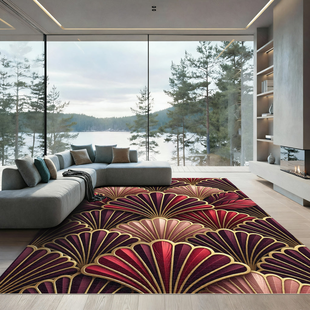 Rich Crimson Feather Fan Geometric Rug