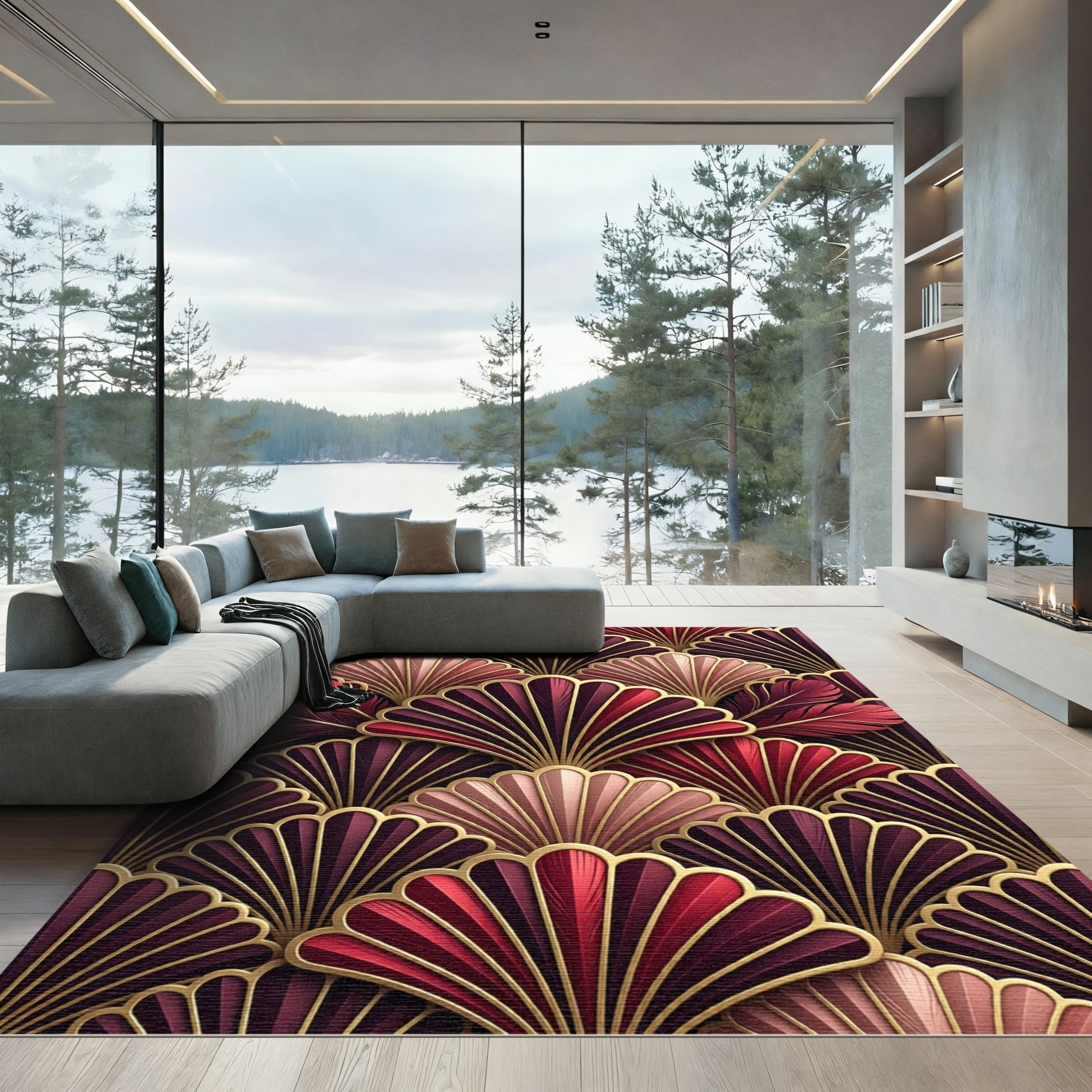 Rich Crimson Feather Fan Geometric Rug