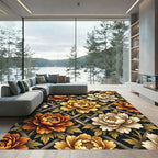 Golden Peony Lattice Floral Charcoal Rug
