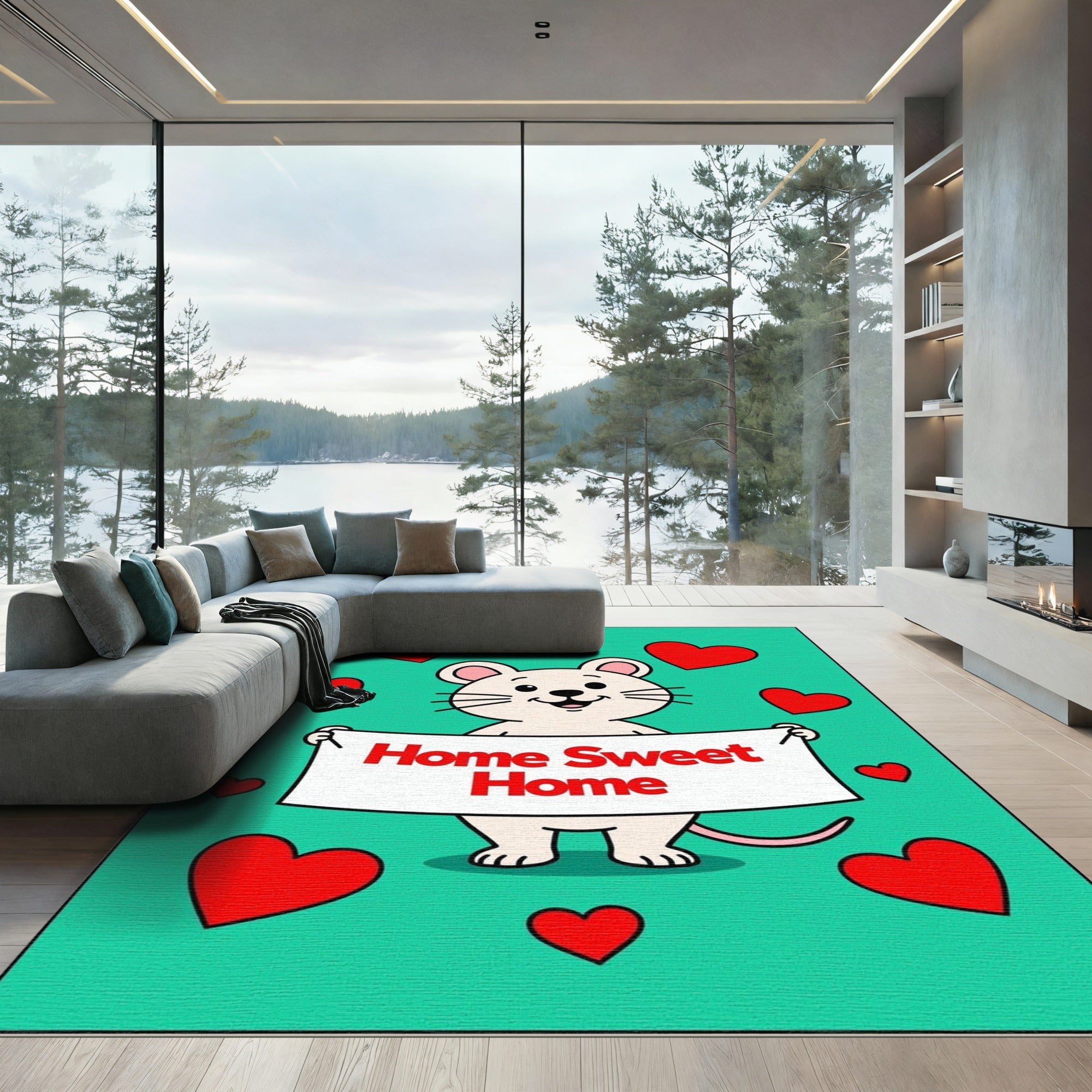 Charming Cream Mouse Red Hearts Arrangement Rug