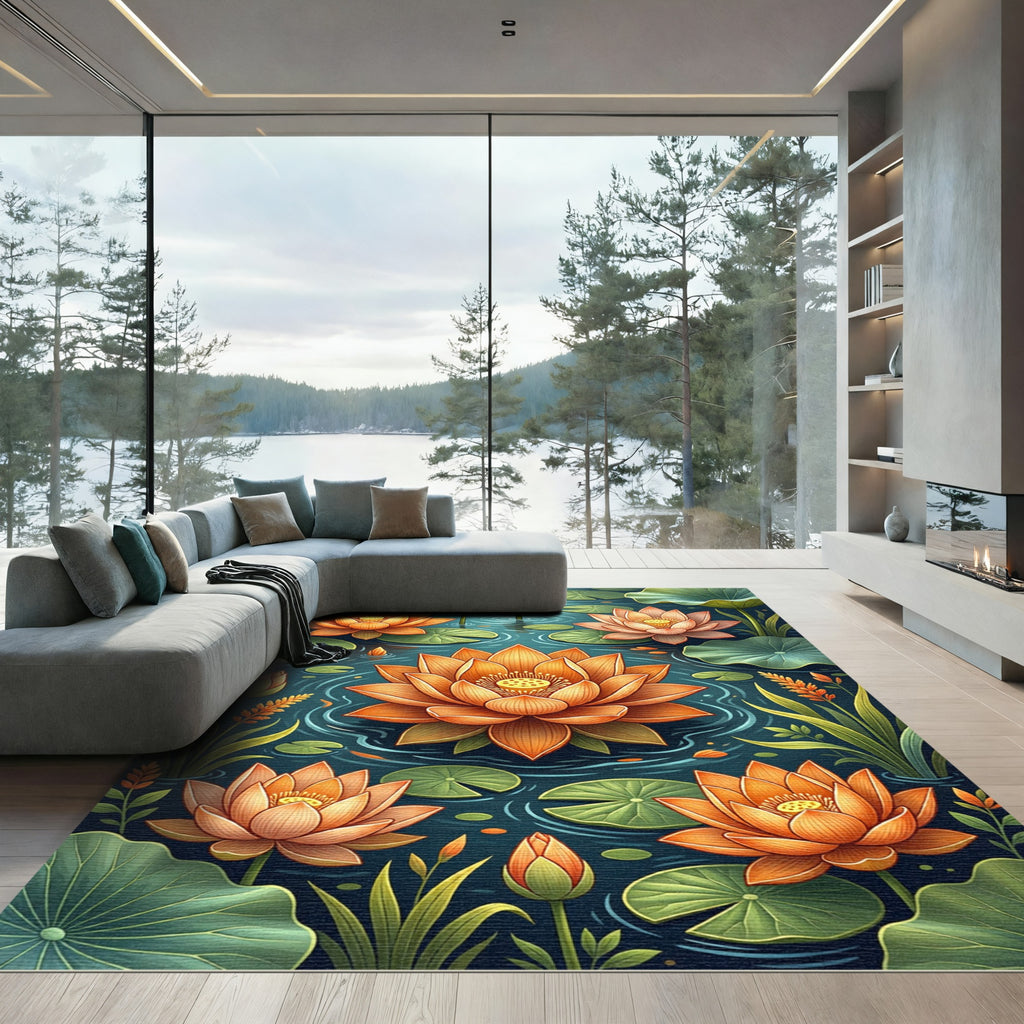 Golden Lotus Floral Pond Art Rug