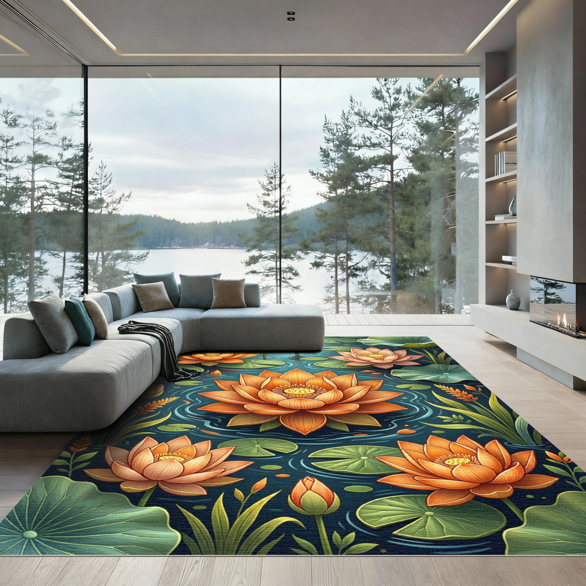 Golden Lotus Floral Pond Art Rug