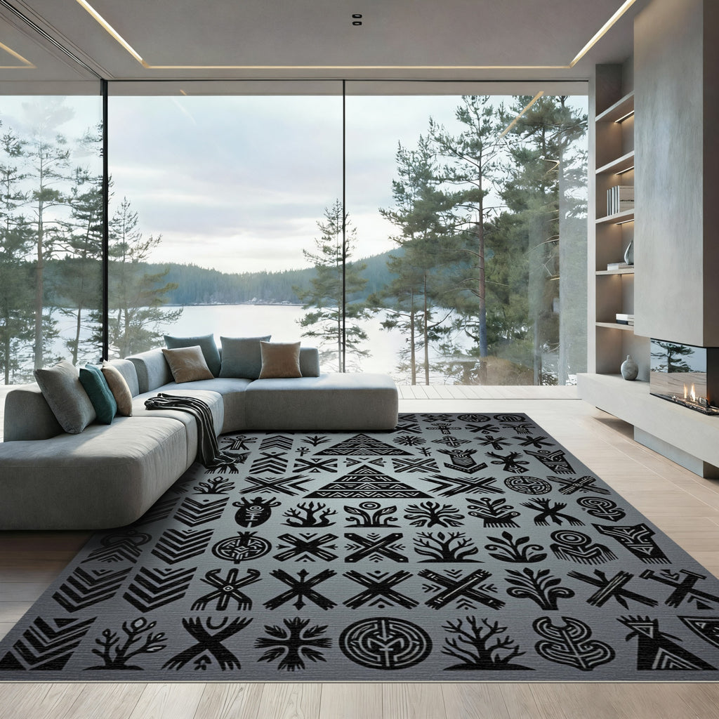 Tribal Black Geometric Symbol Collection Rug