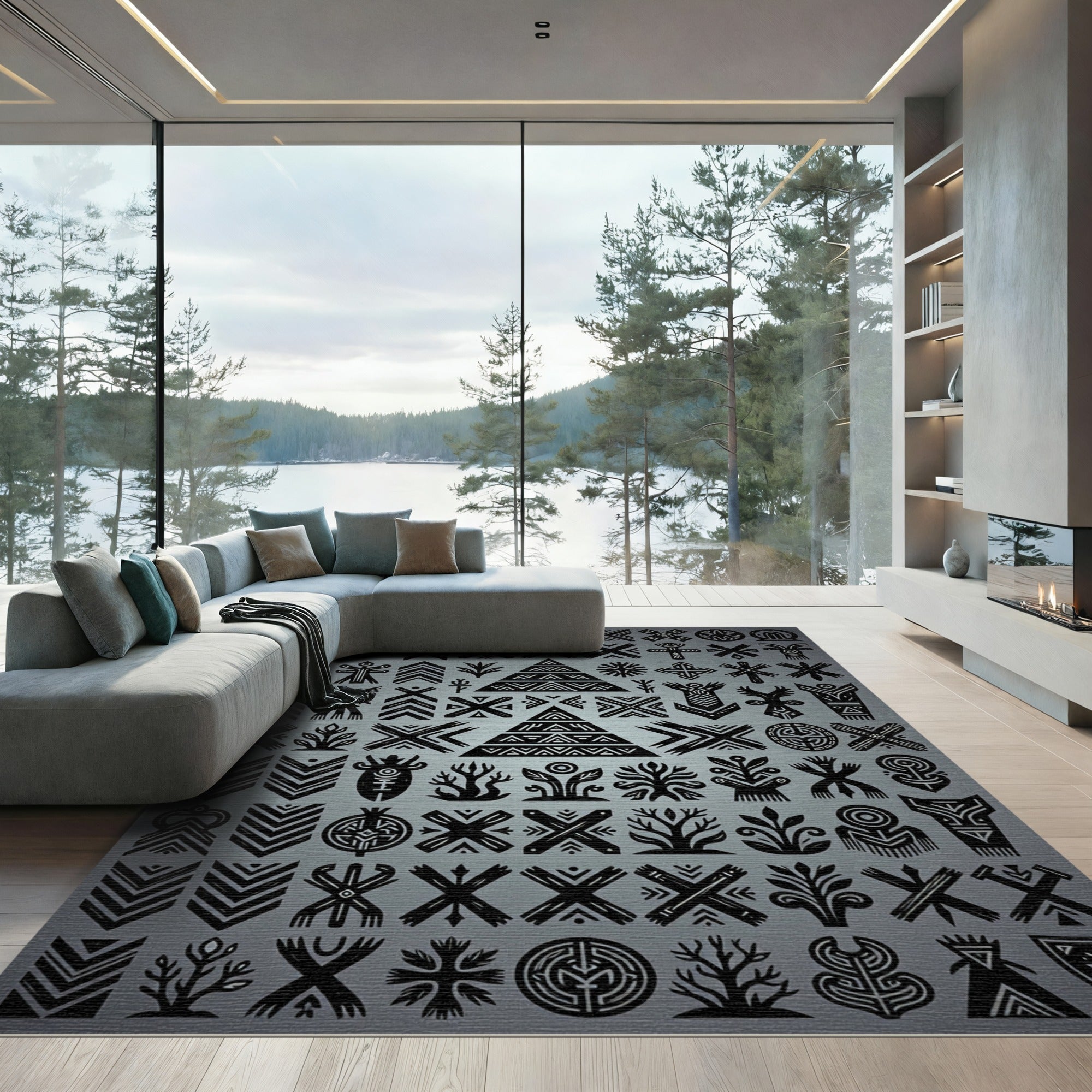 Tribal Black Geometric Symbol Collection Rug