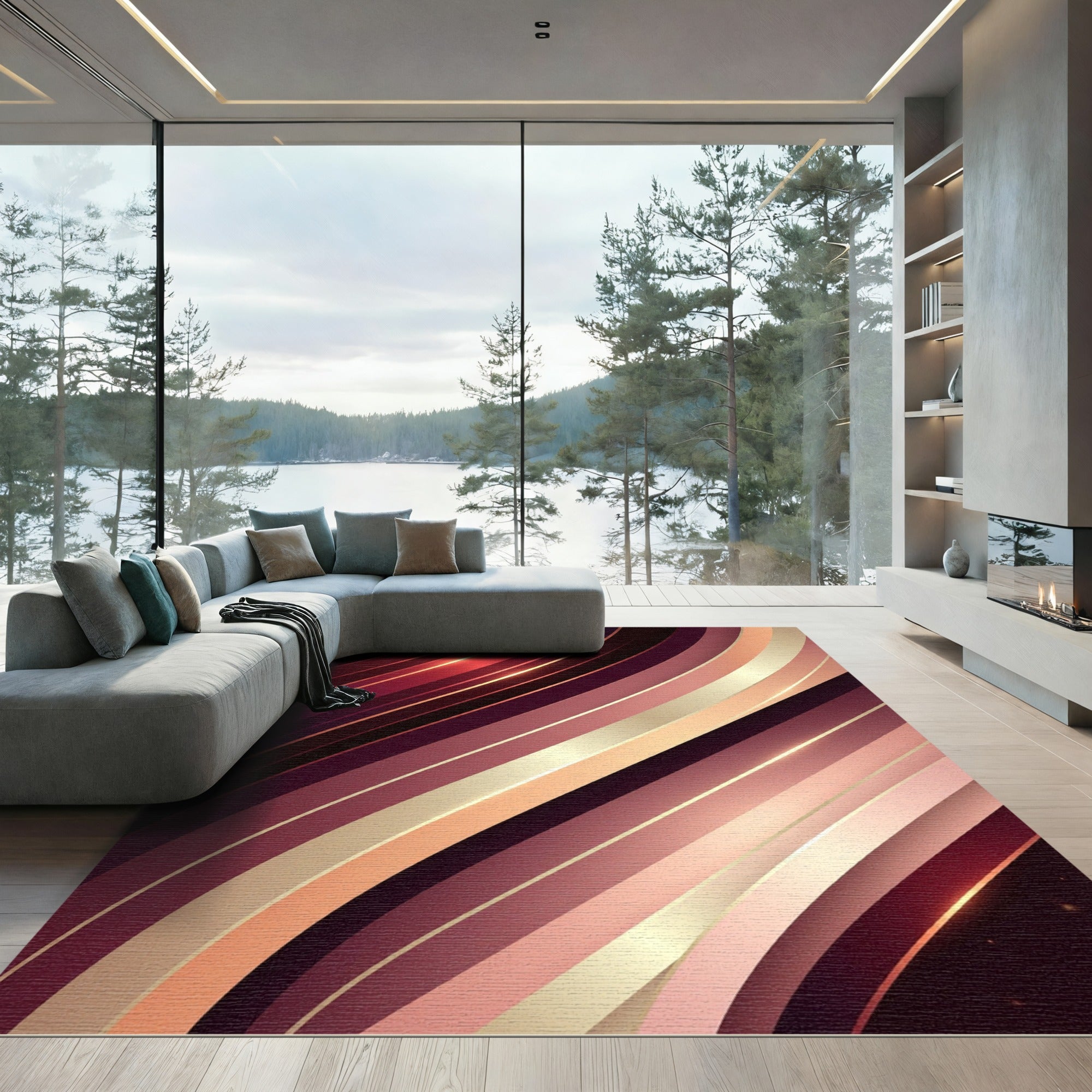 Crimson Gold Abstract Swoosh Rug