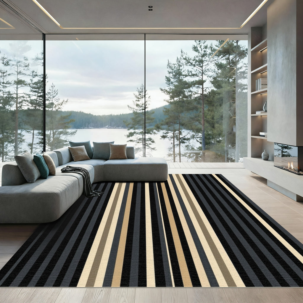 Modern Black Tan Vertical Stripe Rug