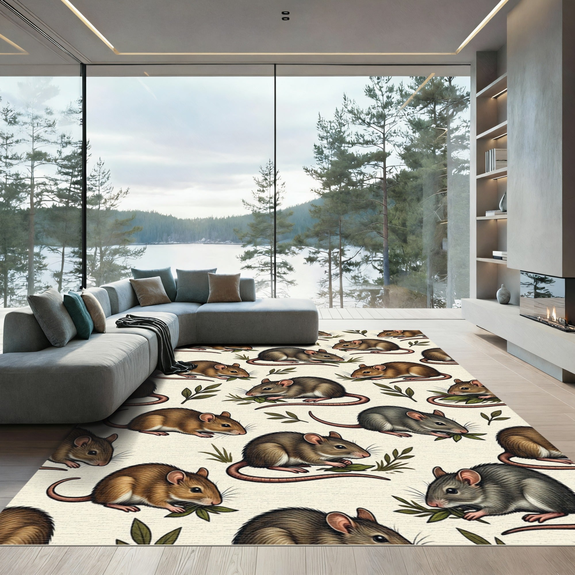 Whimsical Field Mice Cream Botanical Rug