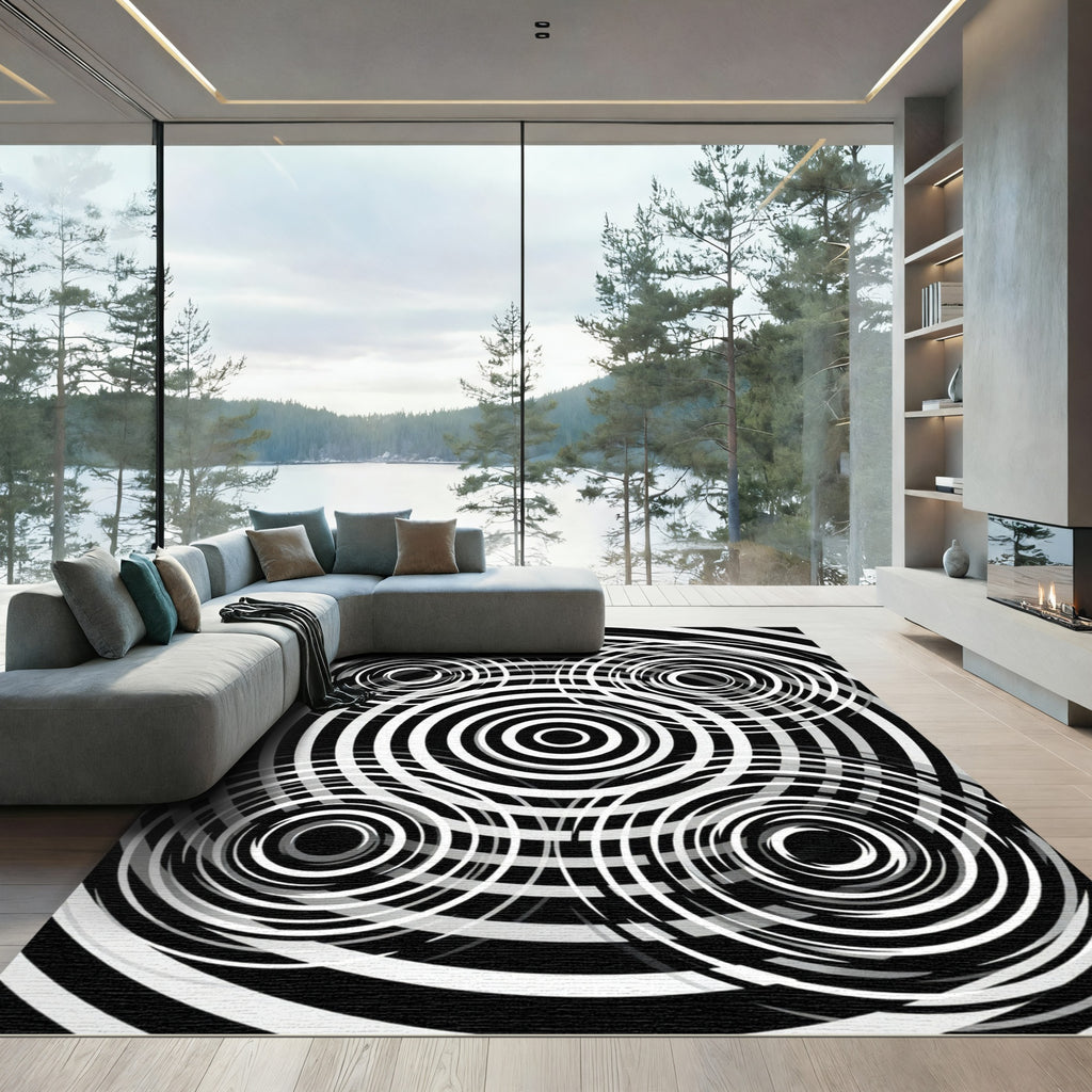 Black White Concentric Circles Op Art Rug