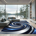 Modern Metallic Blue Silver Swirl Rug
