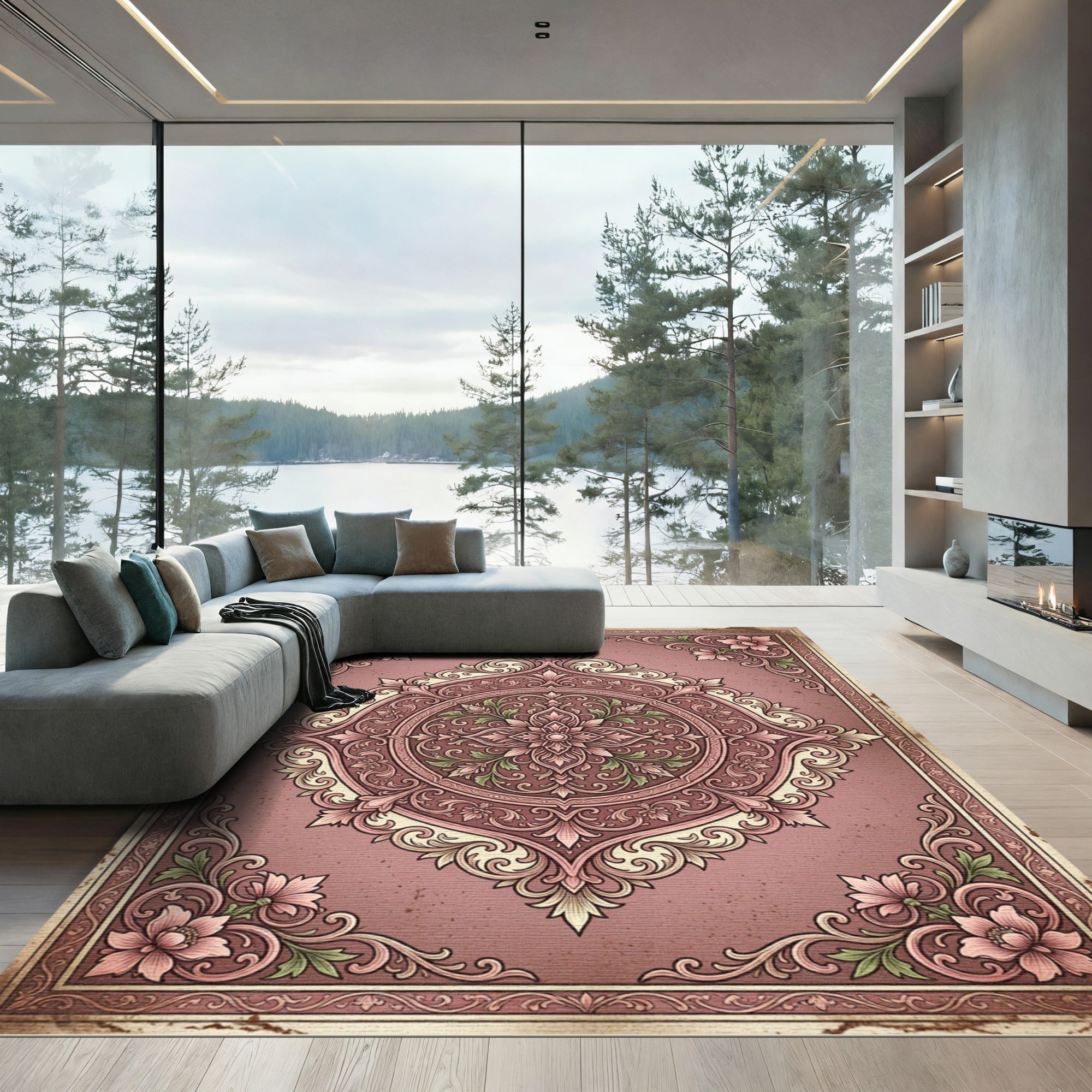 Romantic Pink Floral Vintage Medallion Rug