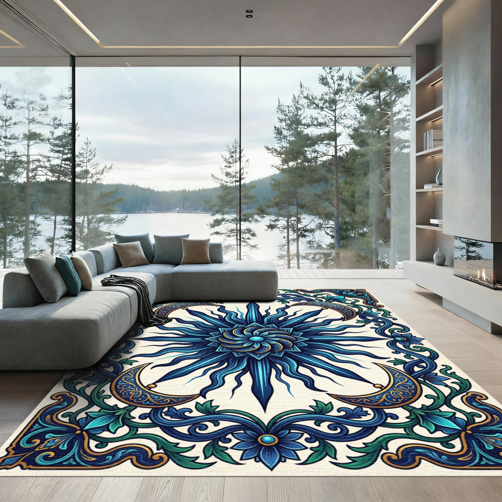 Deep Blue Celestial Sun Moon Rug
