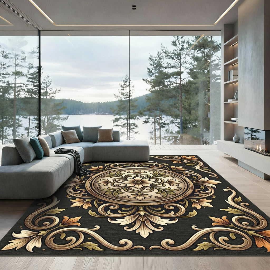Rich Golden Vine Intertwined Bloom Rug