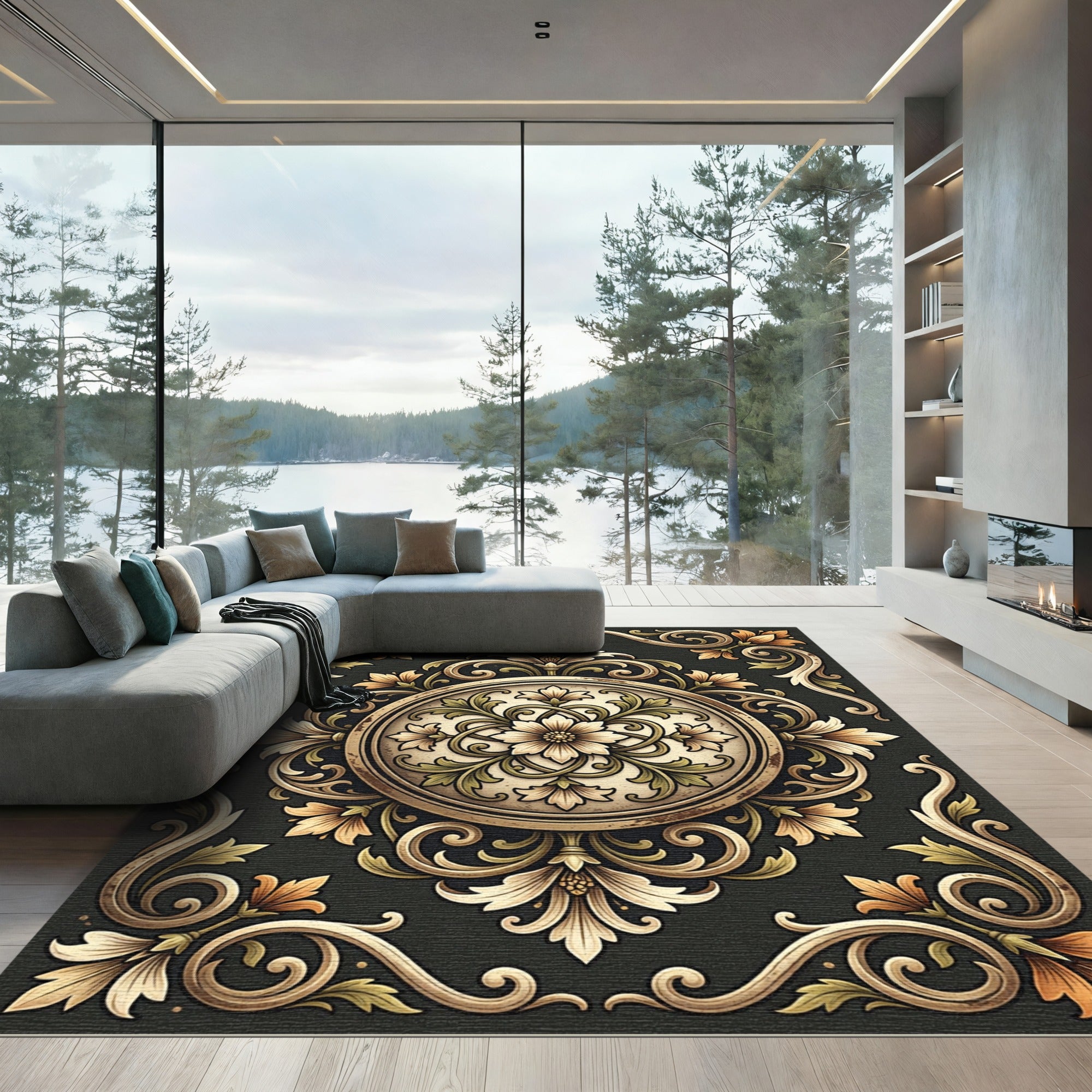 Rich Golden Vine Intertwined Bloom Rug