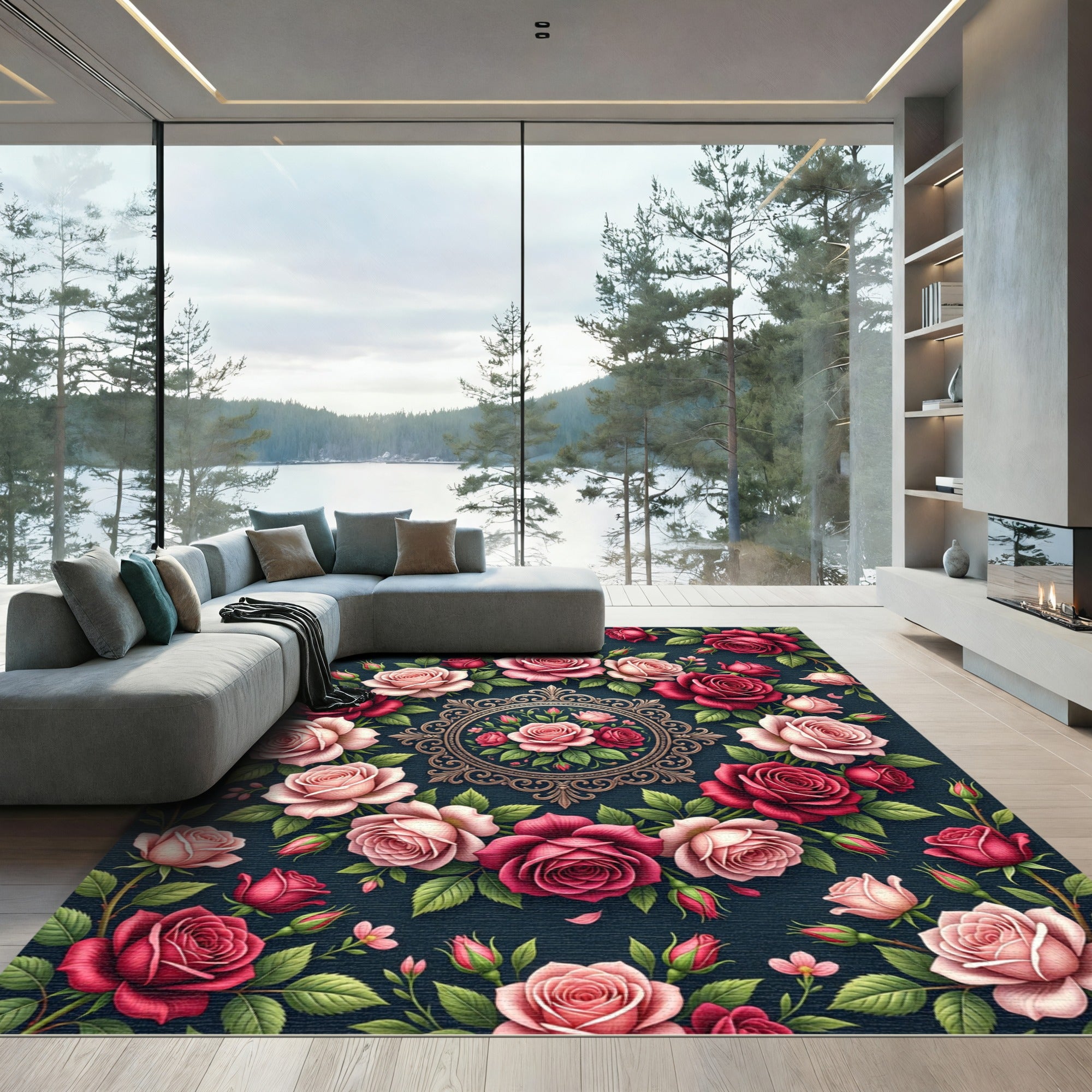 Pink Crimson Rose Garden Medallion Rug