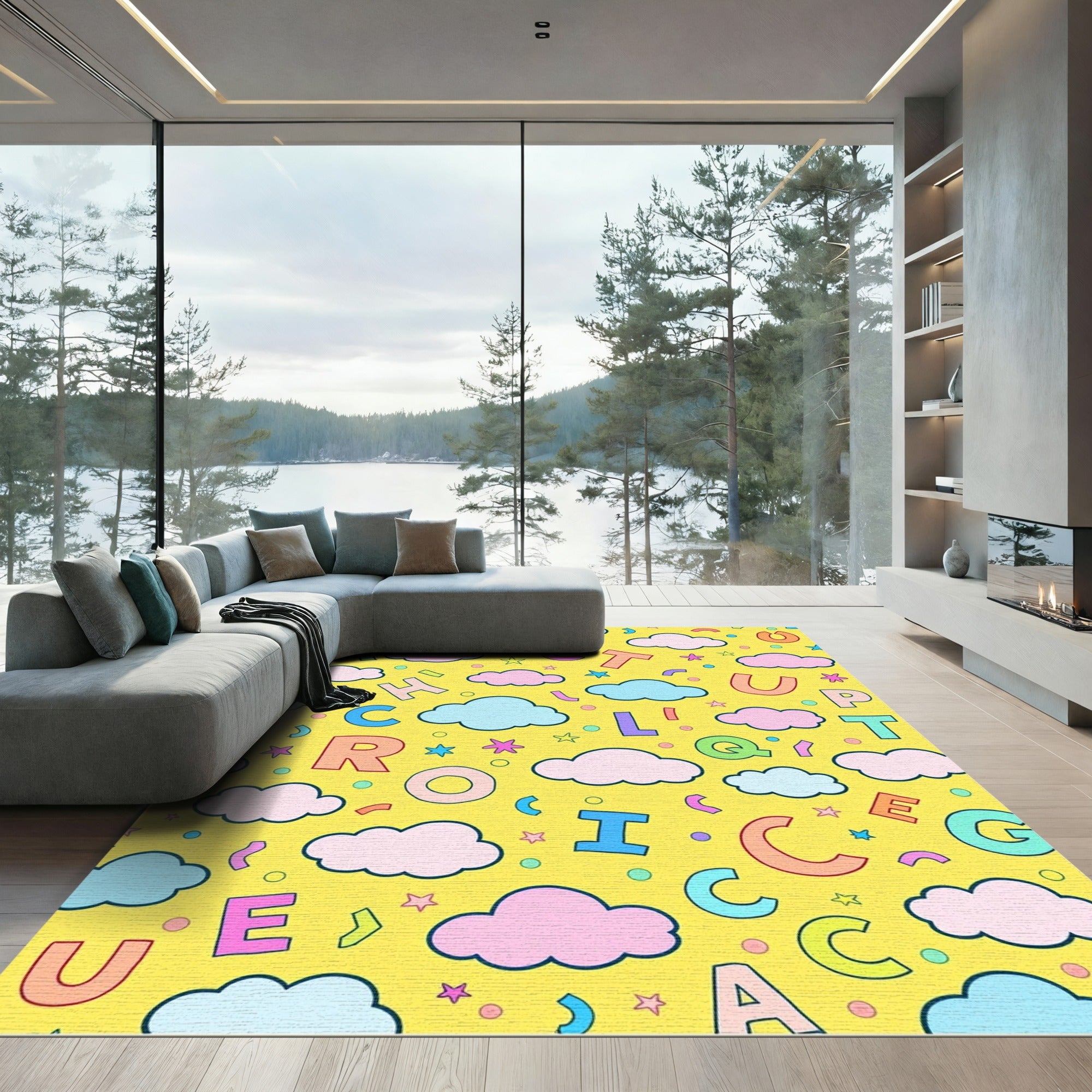 Playful Alphabet Clouds Yellow Composition Rug