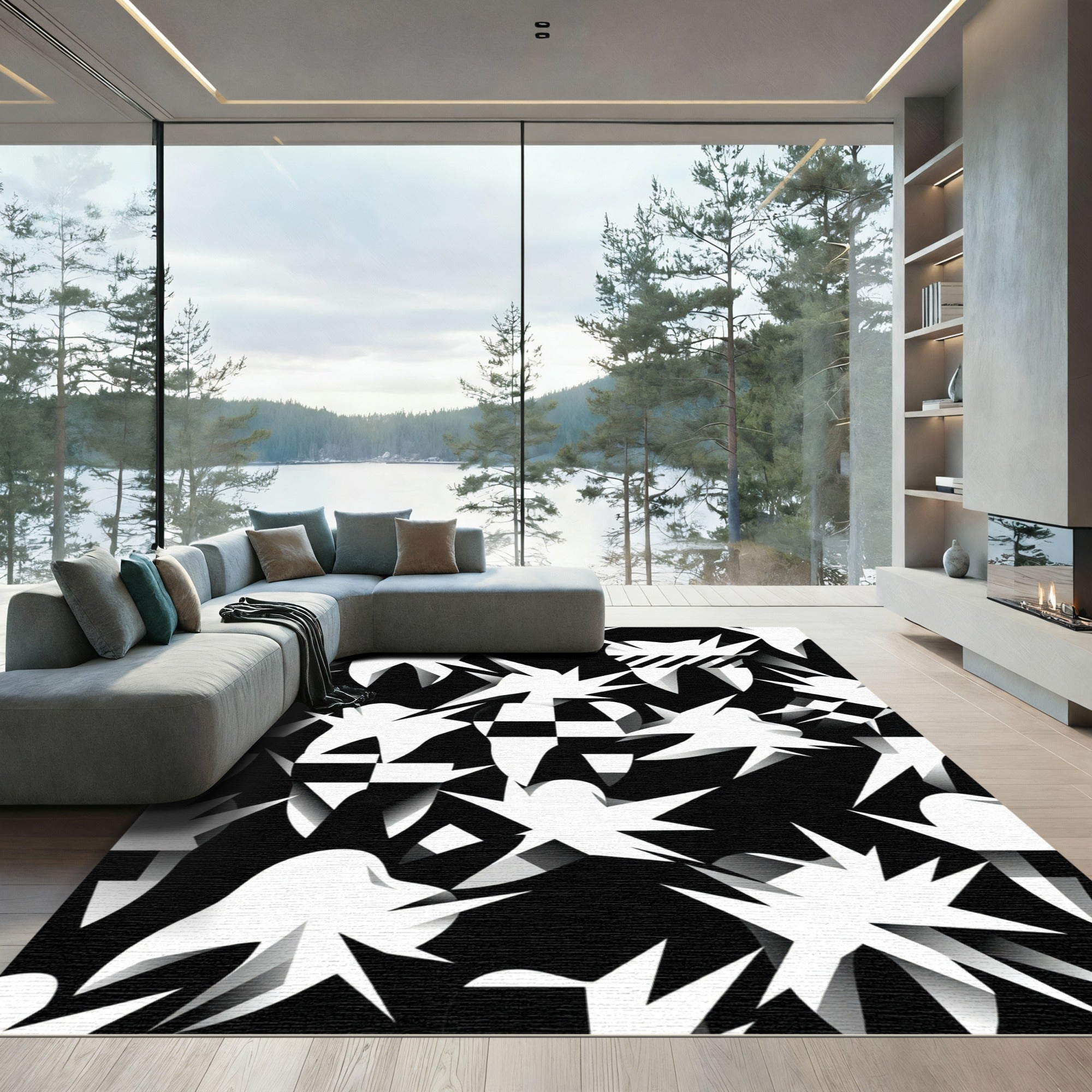 Graphic Black and White Tooth Mosaic Rug
