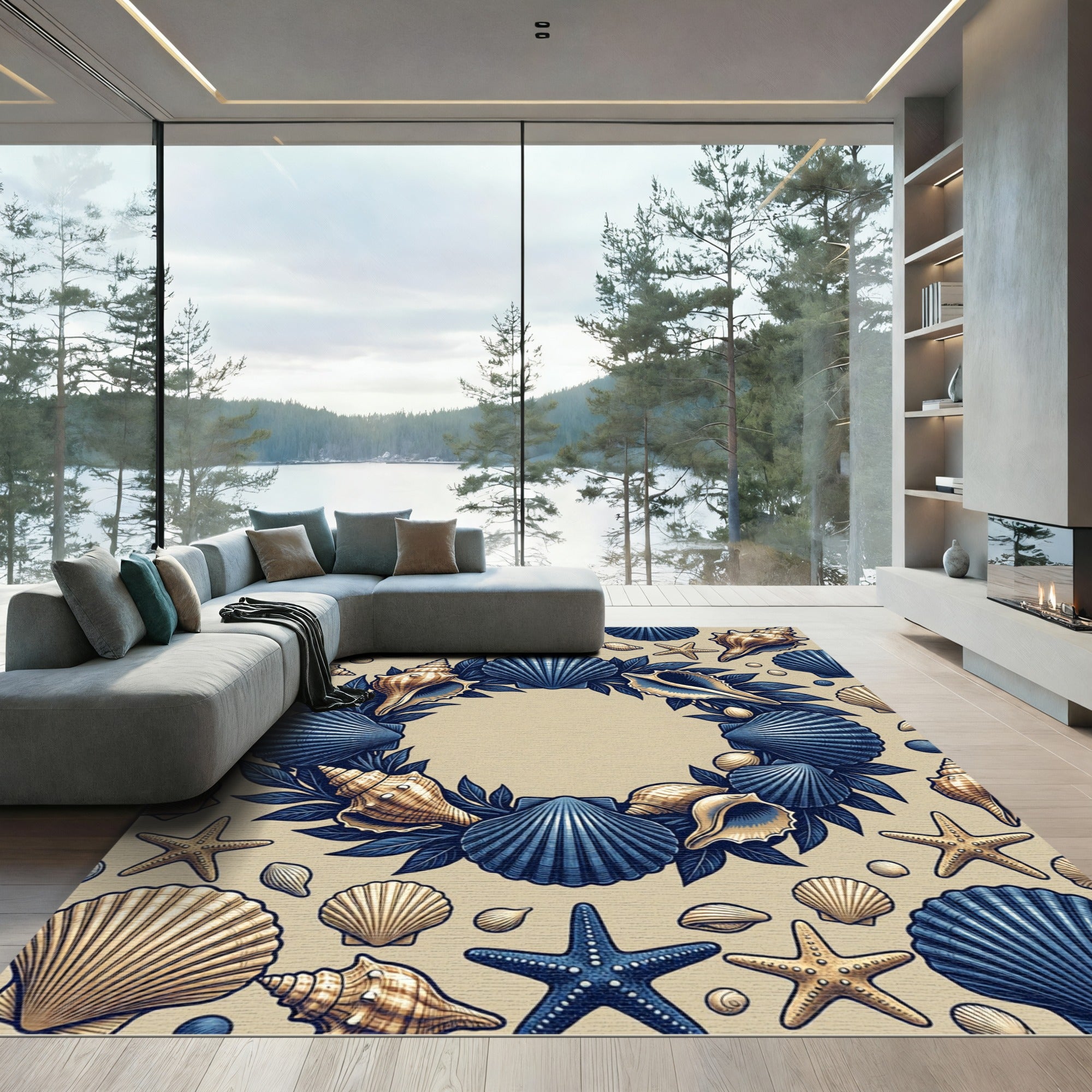 Blue and Gold Seashell Wreath Rug