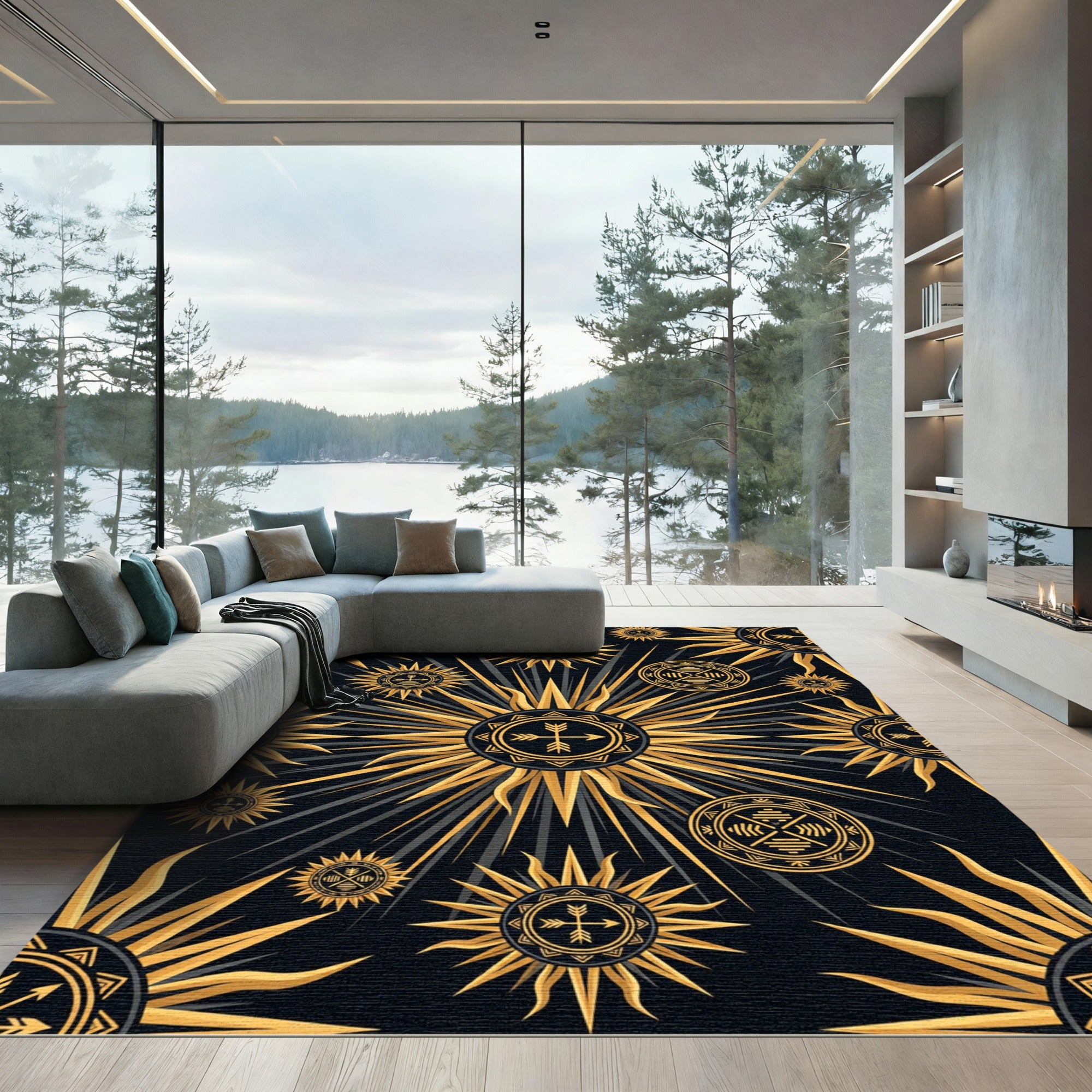 Celestial Golden Arrow Sunburst Black Rug