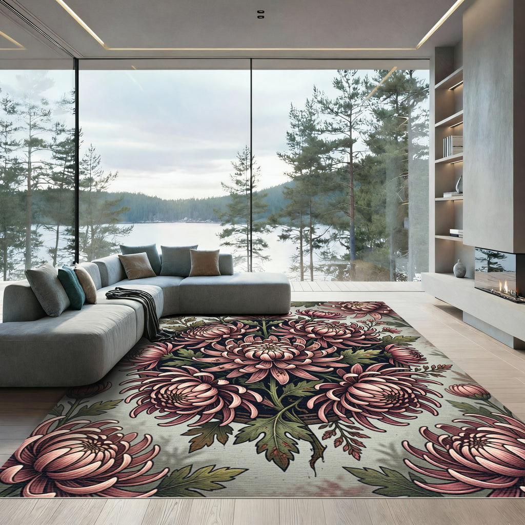 Blush Chrysanthemum Botanical Floral Wreath Rug