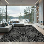 Ornate Black and Silver Geometric Arabesque Rug