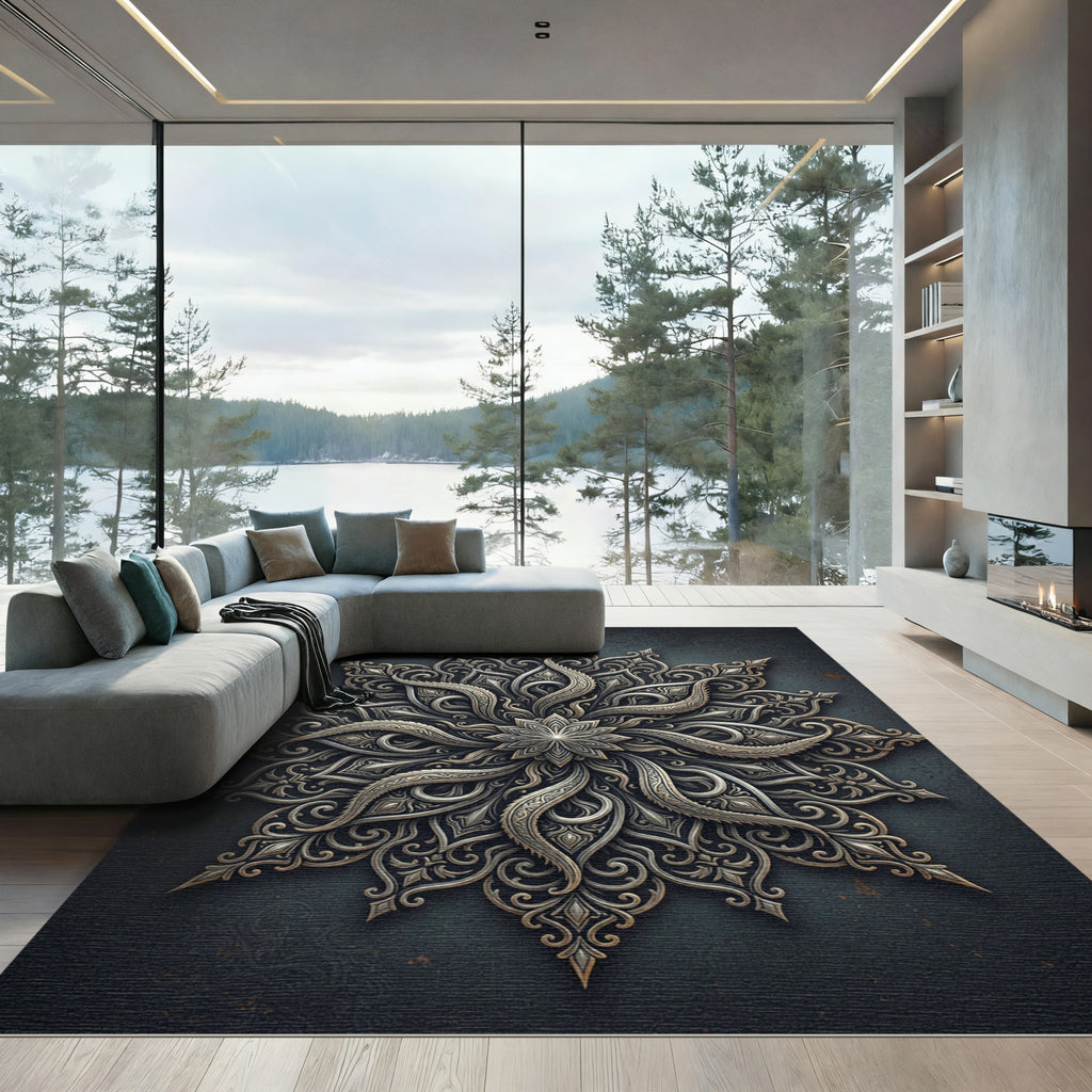 Ornate Metallic Silver Floral Medallion Rug