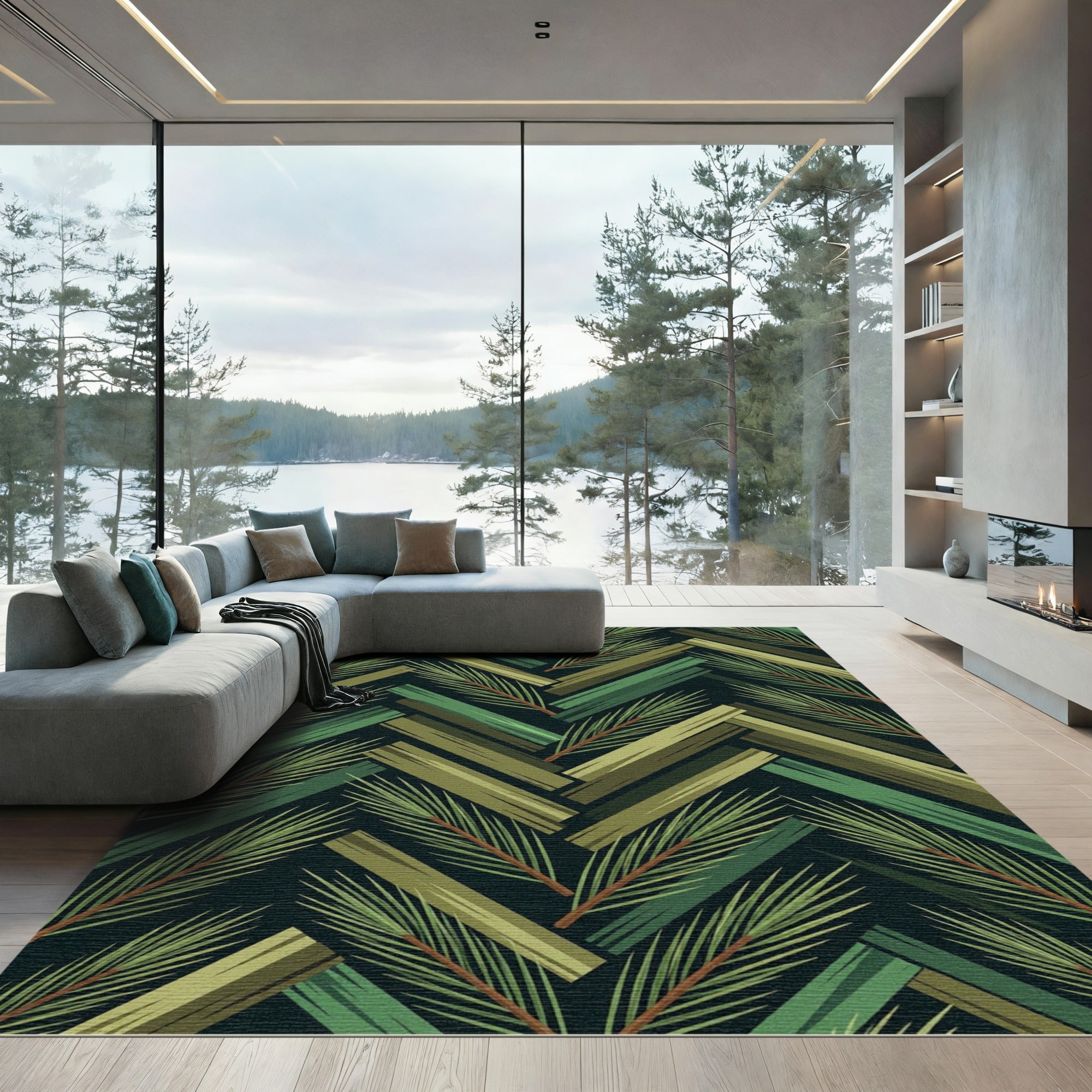 Forest Green Wood Herringbone Palm Fronds Rug