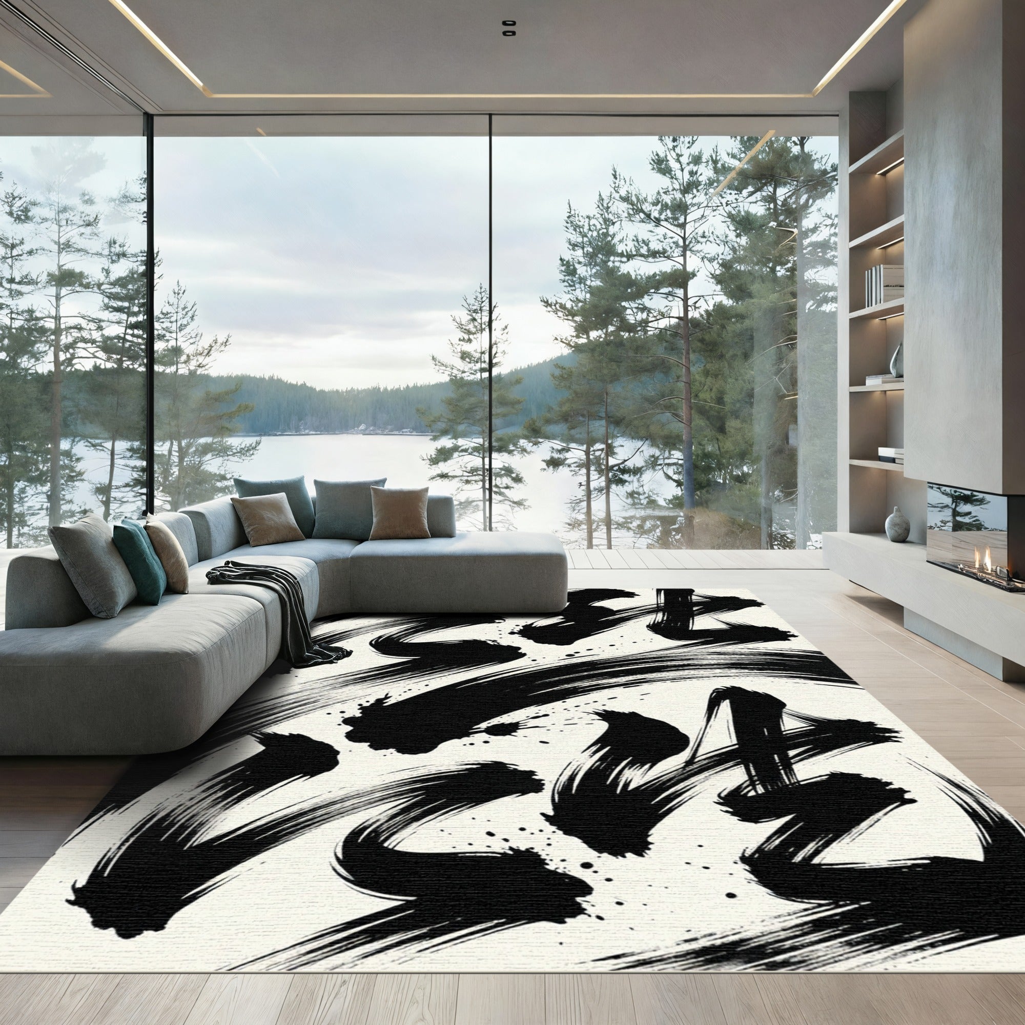 Bold Black Ink Splash Brushstrokes Rug