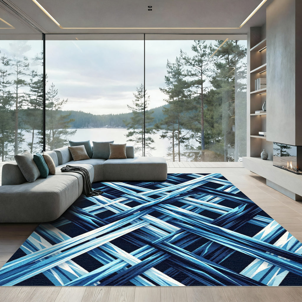 Abstract Blue Geometric Intersecting Lines Rug