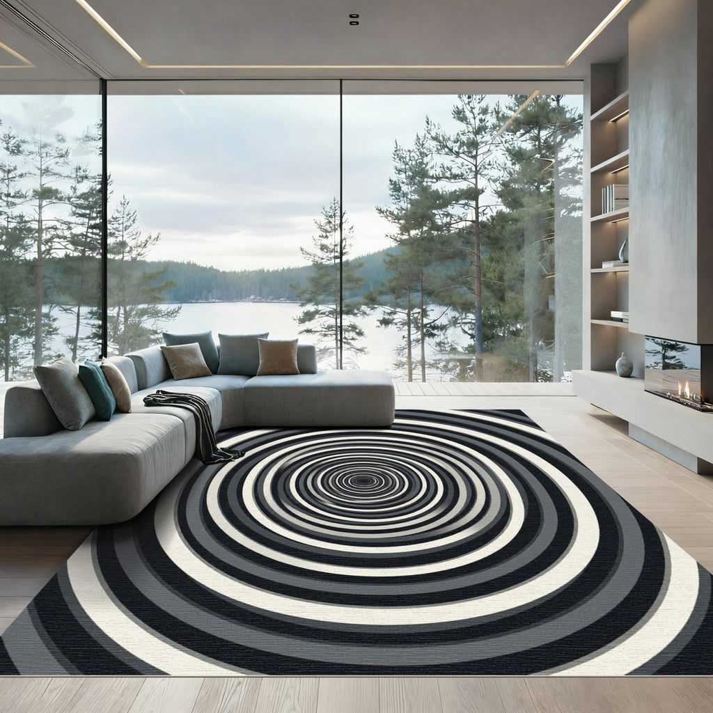 Monochromatic Elliptical Vortex Concentric Circular Art Rug