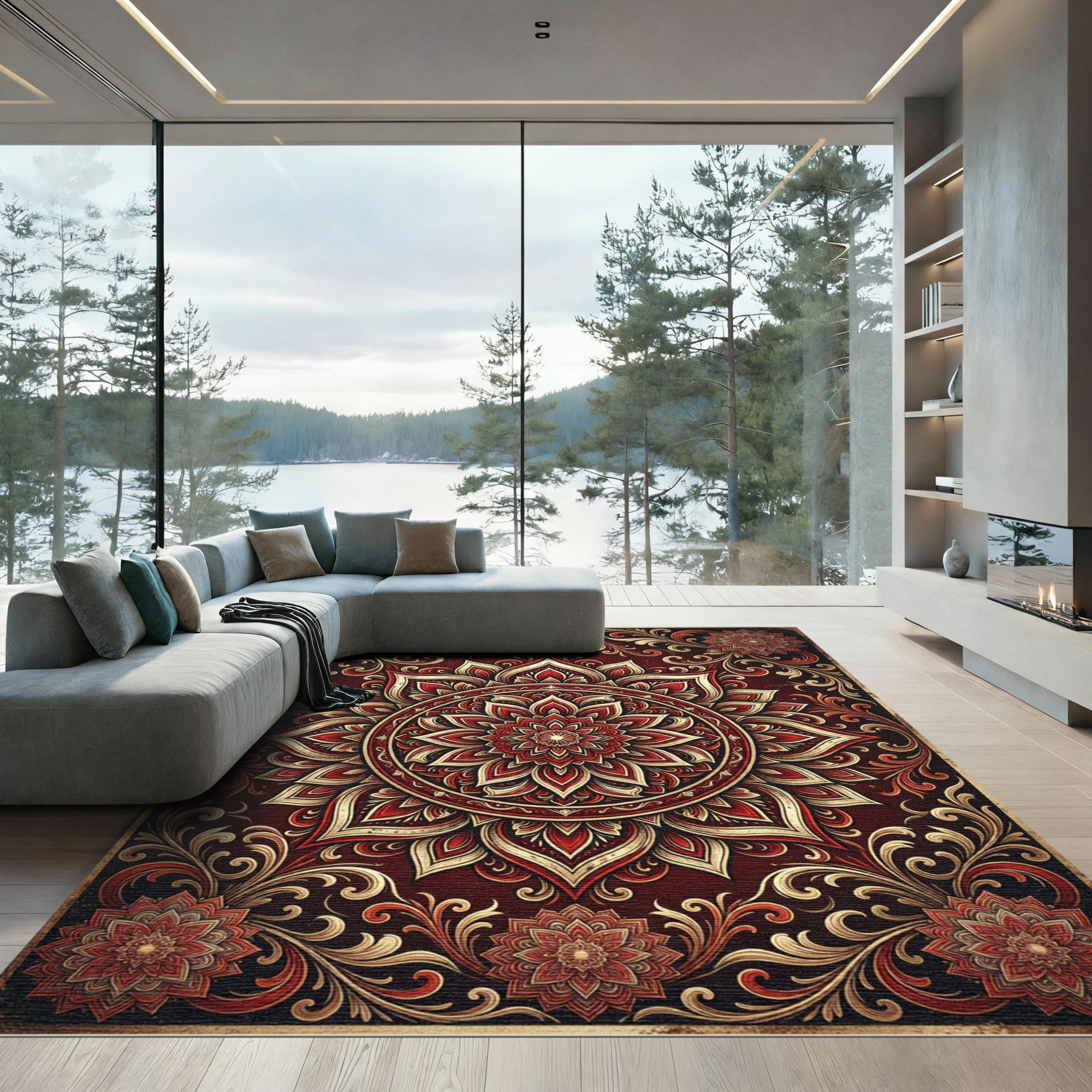 Intricate Crimson Floral Gold Medallion Rug