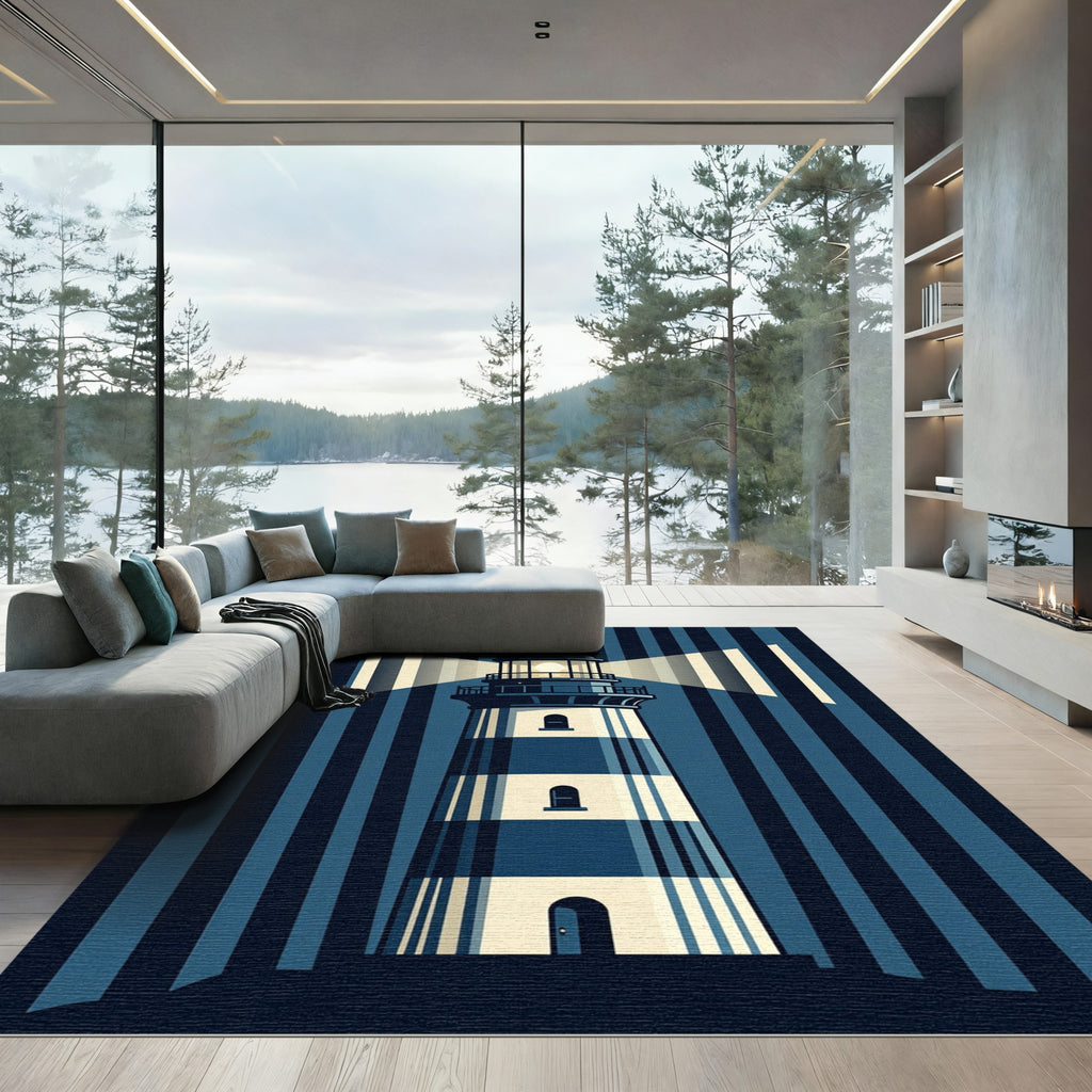 Graphic Blue Striped Nautical Beacon Rug