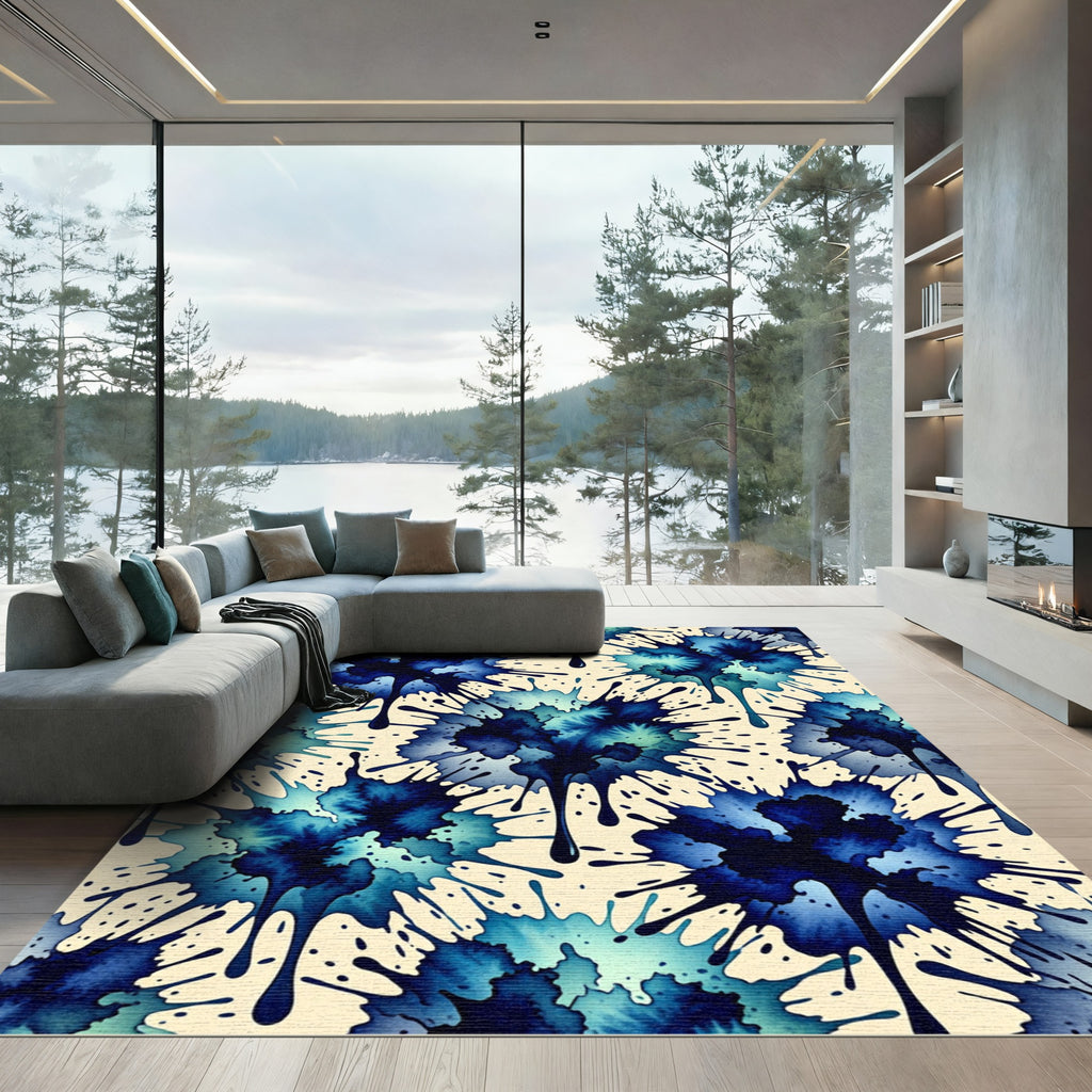Blue Watercolor Ink Splatter Abstract Rug