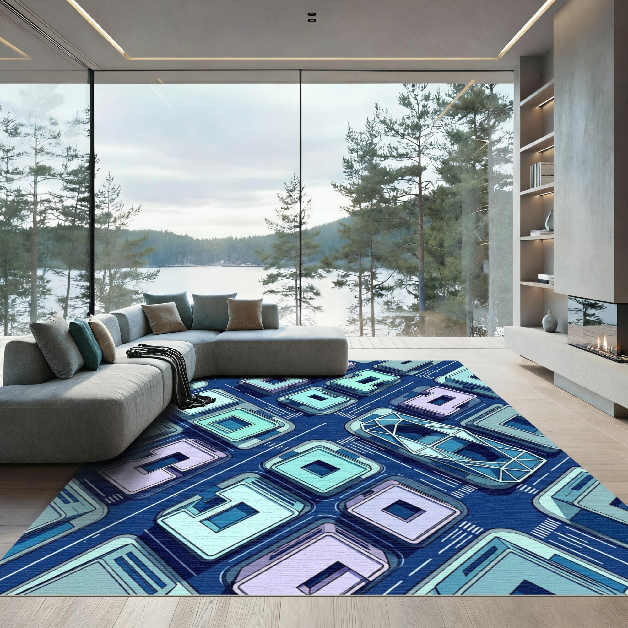 Modern Isometric Blue Geometric Cityscape Rug
