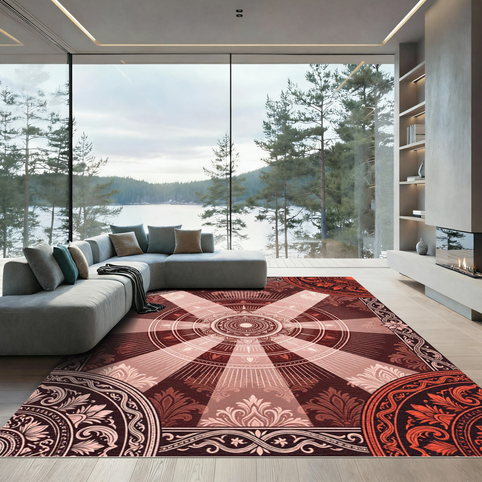 Radiant Crimson Floral Sunburst Medallion Rug