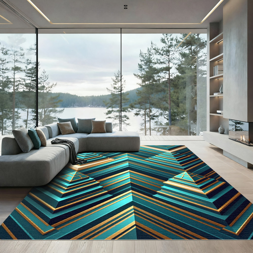Geometric Teal Gold Pyramid Steps Rug