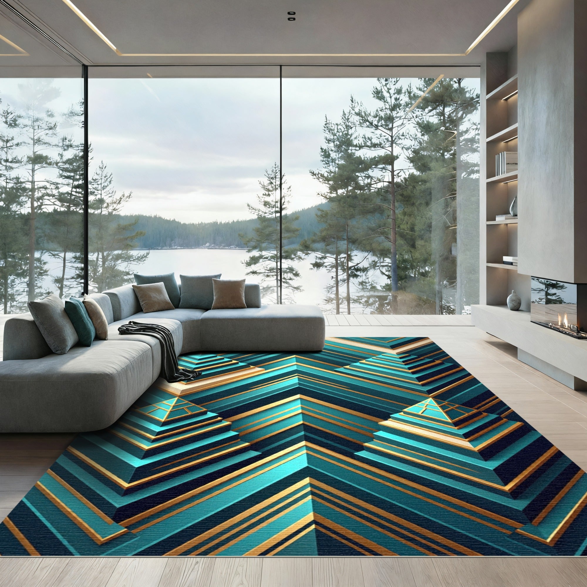 Geometric Teal Gold Pyramid Steps Rug