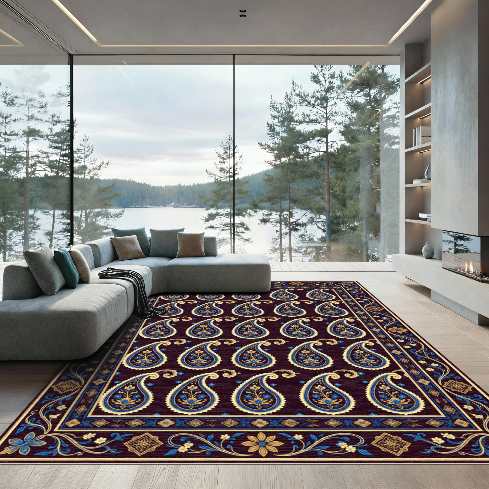 Midnight Blue Golden Paisley Tapestry Rug